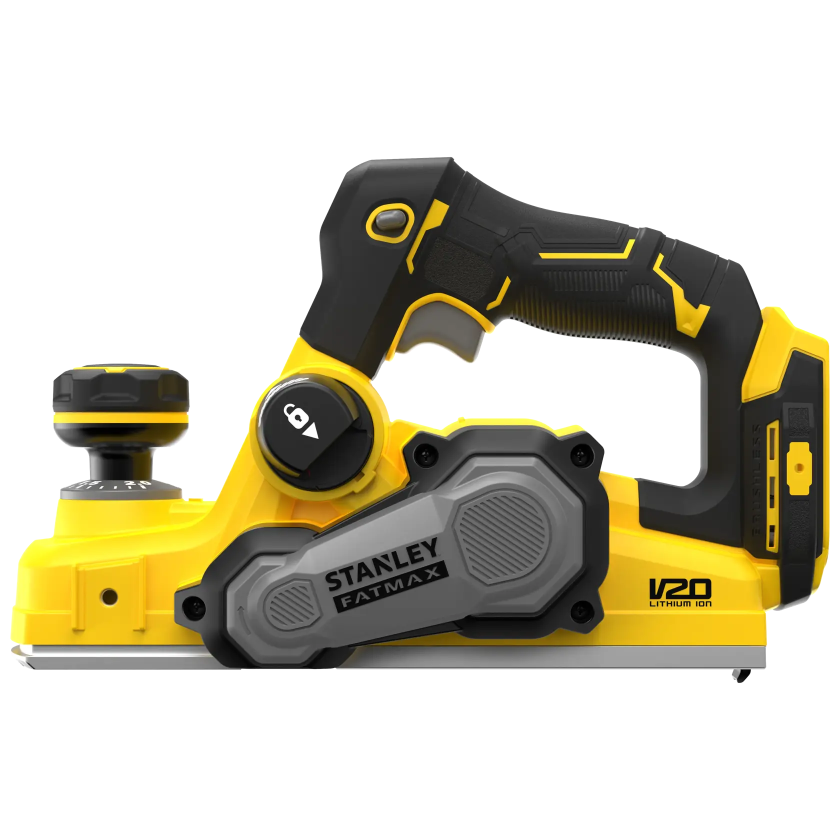 STANLEY SFMCW300B cordless planer, yellow and black, side angle, photography product image.