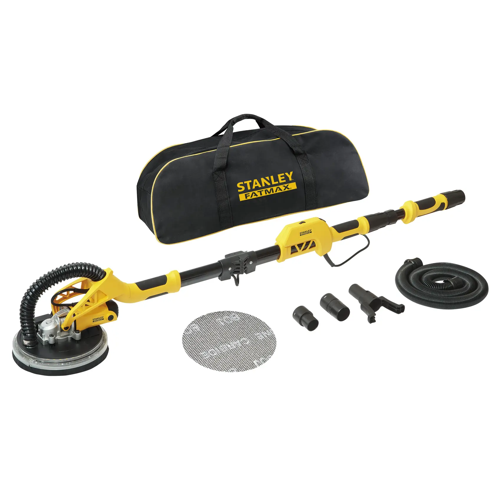 STANLEY SFMEE500S drywall sander kit with yellow and black sander, carrying bag, hose, mesh discs, and attachments, front angle.