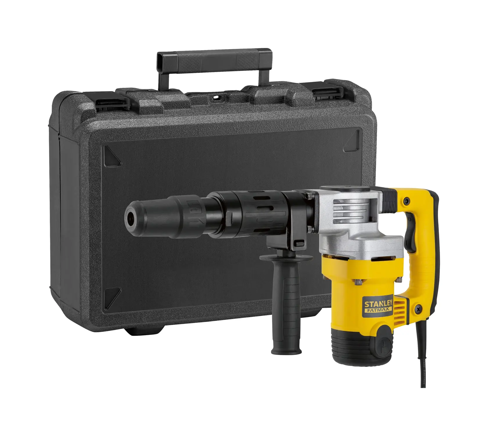 Photo of STANLEY SFMEH220K-QS rotary hammer drill, side angle, yellow and black body with auxiliary handle.