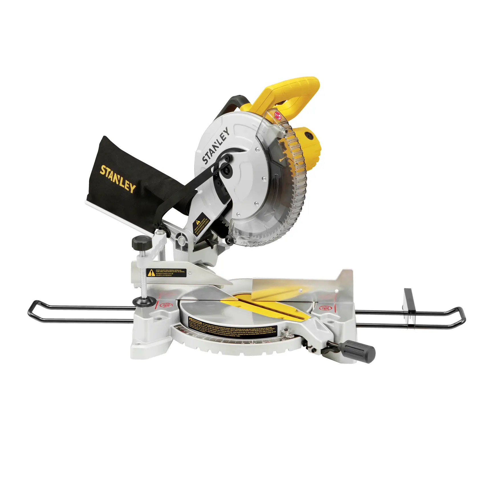 STANLEY SM1650 photography of miter saw with yellow and black accents, side angle on white background.