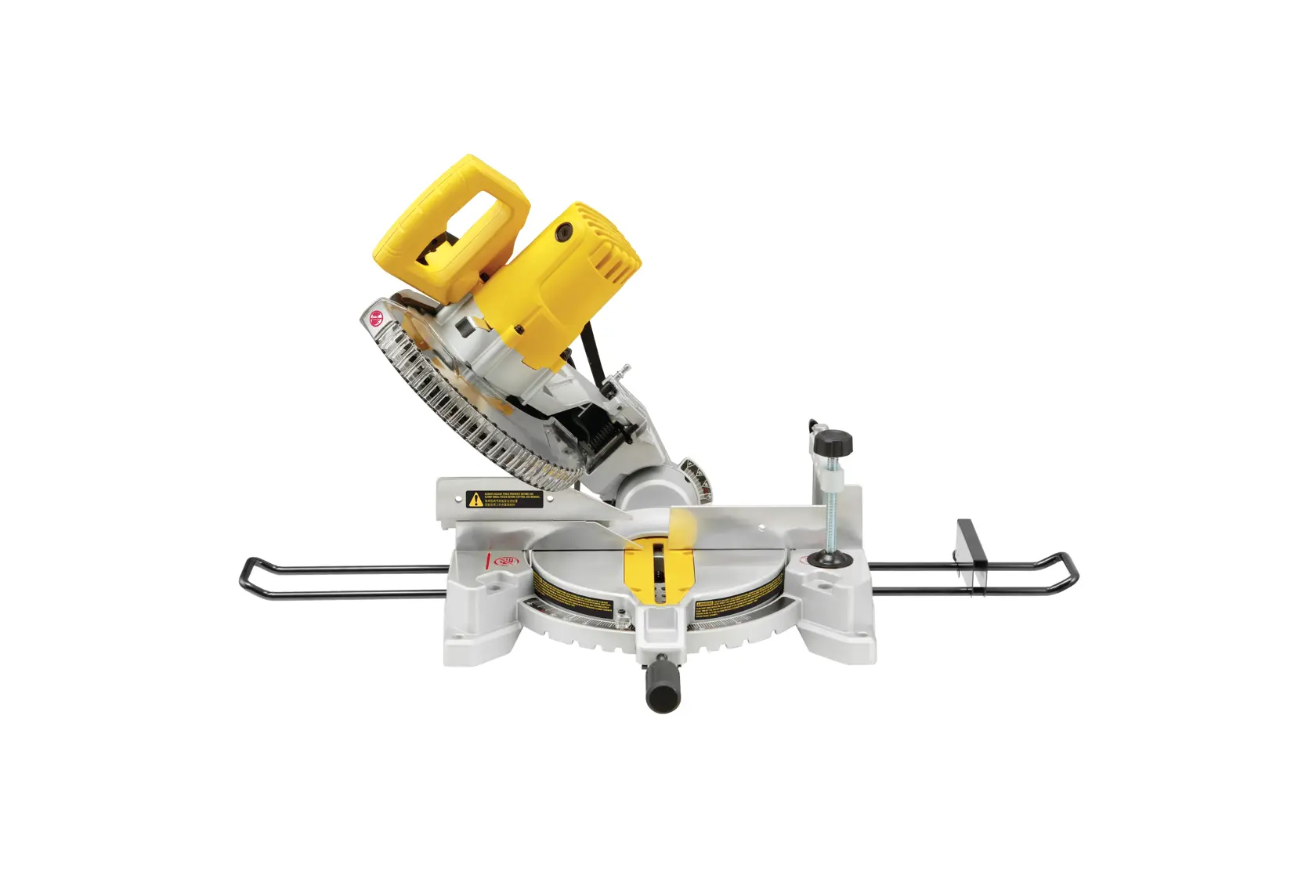 Photo of STANLEY SM1650 miter saw, yellow and silver, side angle, on white background.