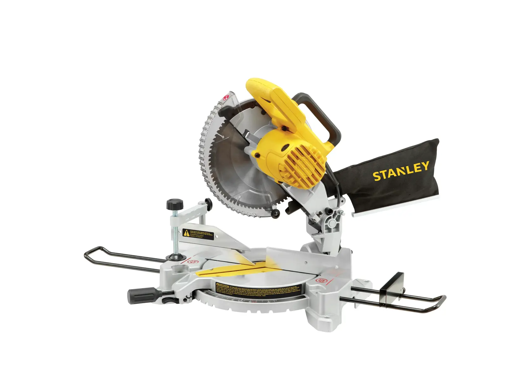 STANLEY SM1650 miter saw with yellow motor housing, side angle, dust bag, silver base.