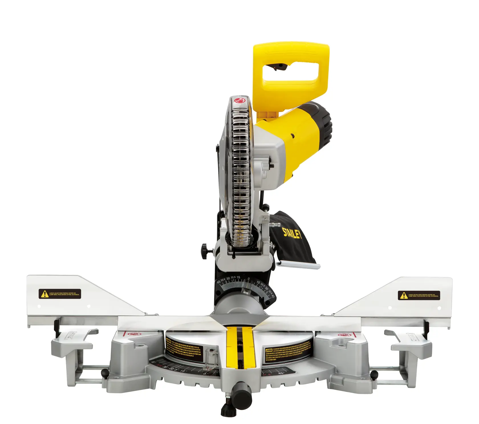 Photo of STANLEY SM1800 miter saw, front angle, yellow and silver, with measurement guides.