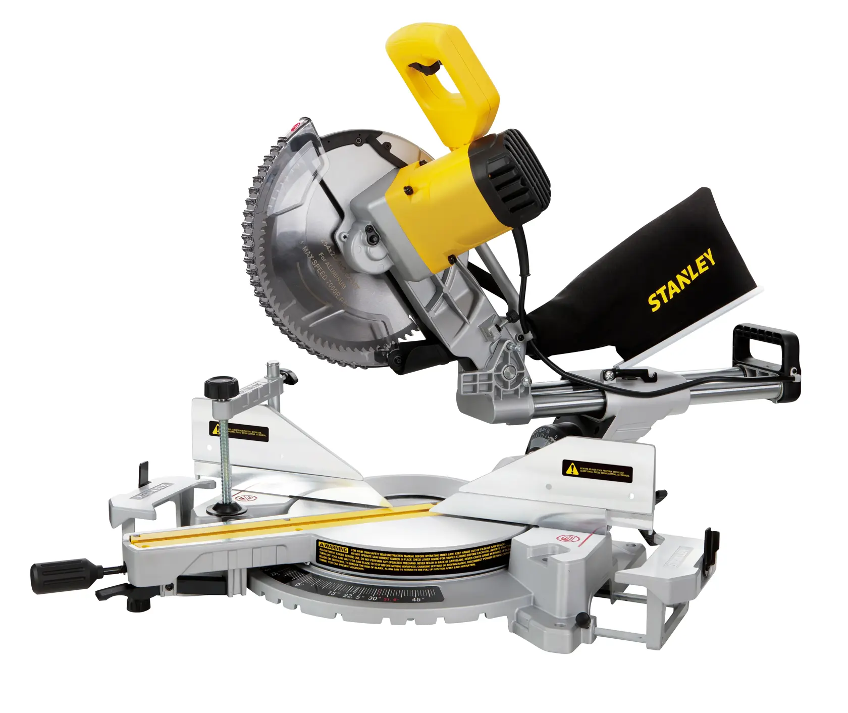 Photo of STANLEY SM1800 miter saw with yellow handle, black dust bag, silver base, product angled on white background.