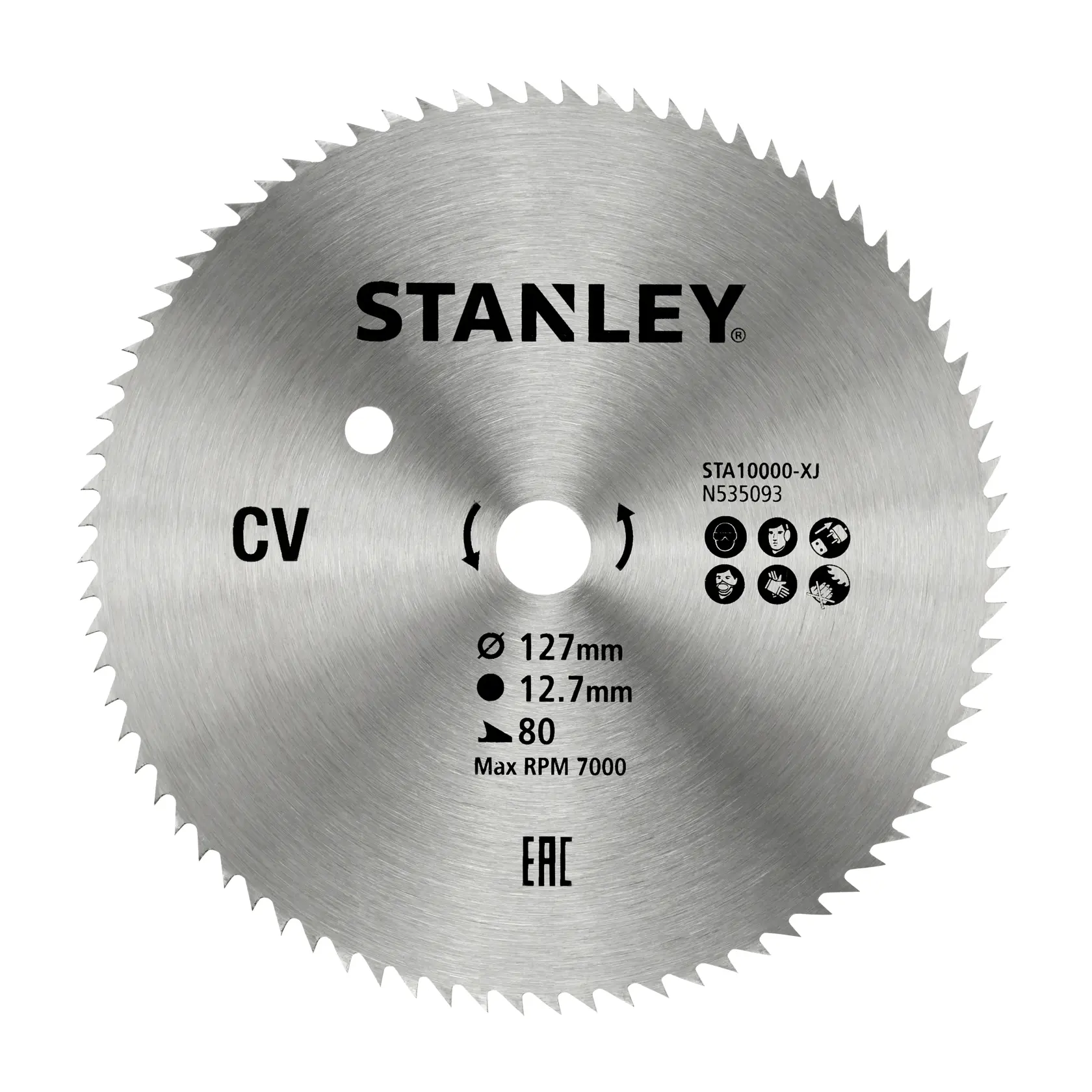 STANLEY STA10000 circular saw blade, silver, 127mm diameter, product photography, front angle.