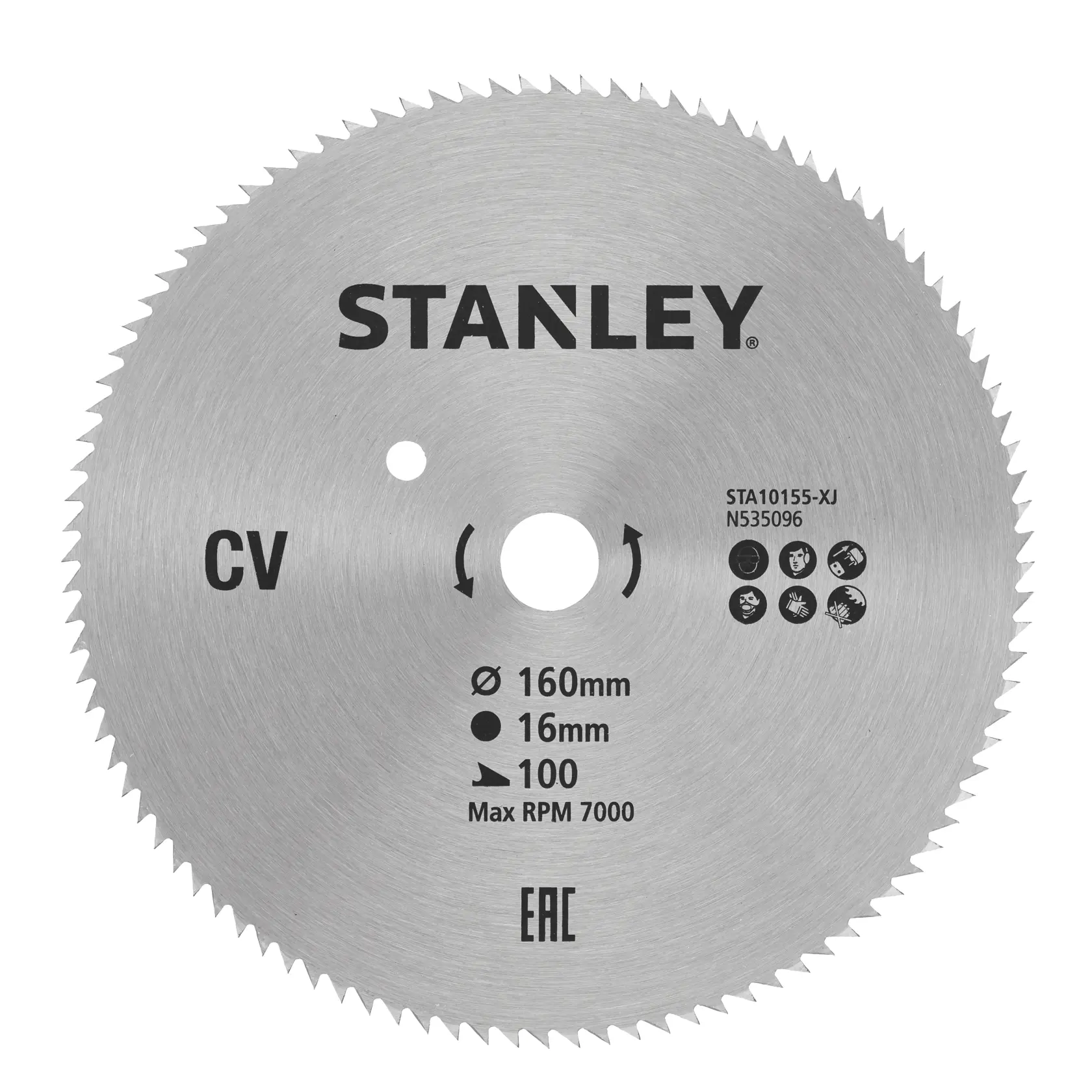 STANLEY STA10155-XJ circular saw blade, silver finish, sharp teeth, front angle on white background.