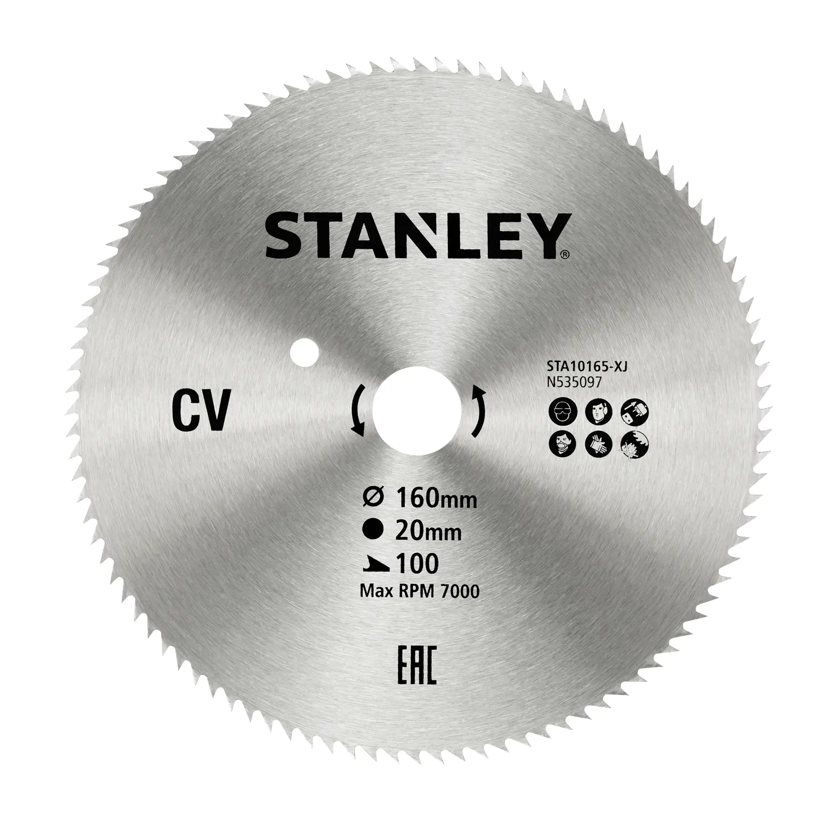 STANLEY STA10165 circular saw blade, silver finish, product photo, front view, 160mm diameter, 20mm bore.