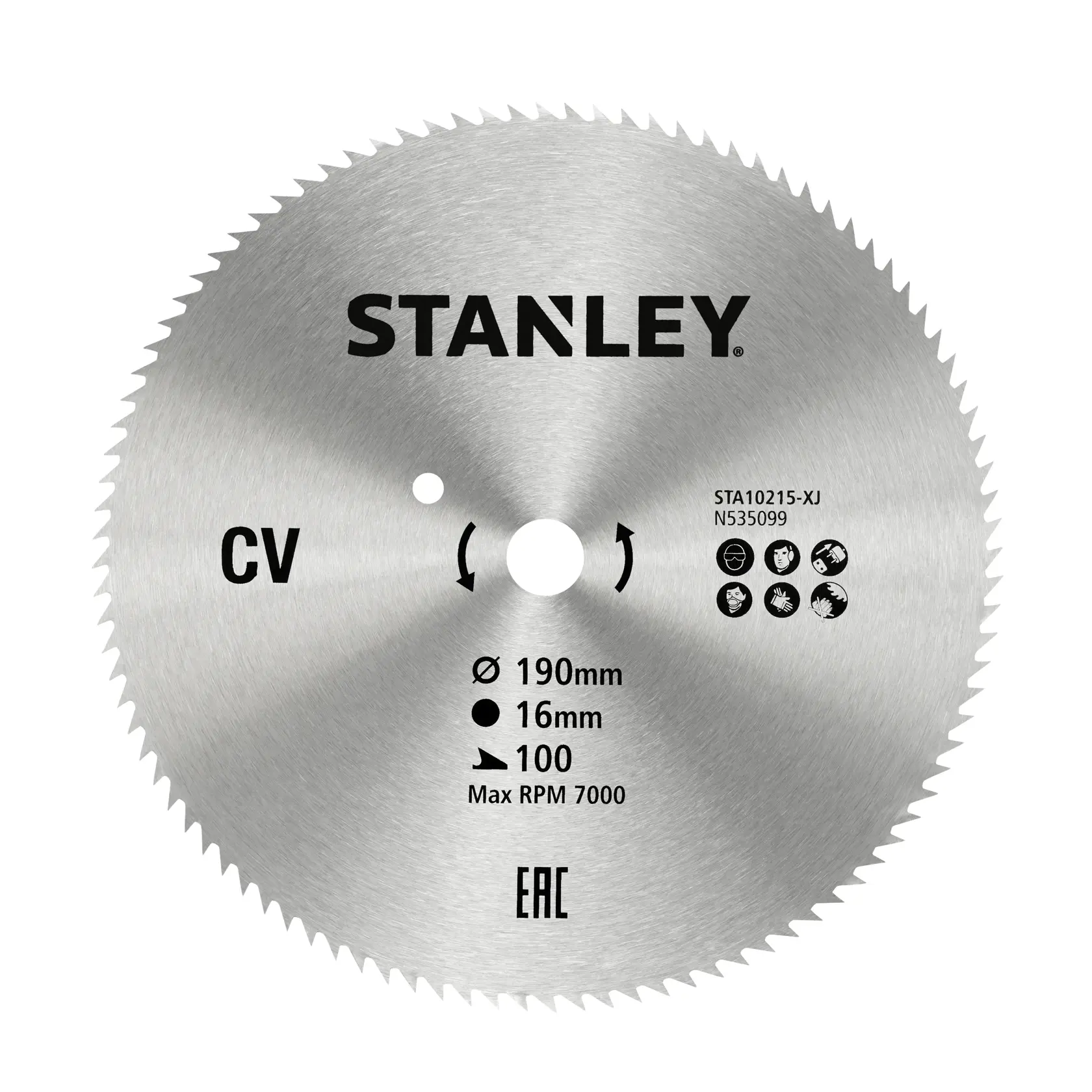 STANLEY STA10215 circular saw blade, 190mm, silver, photographed from front on white background.