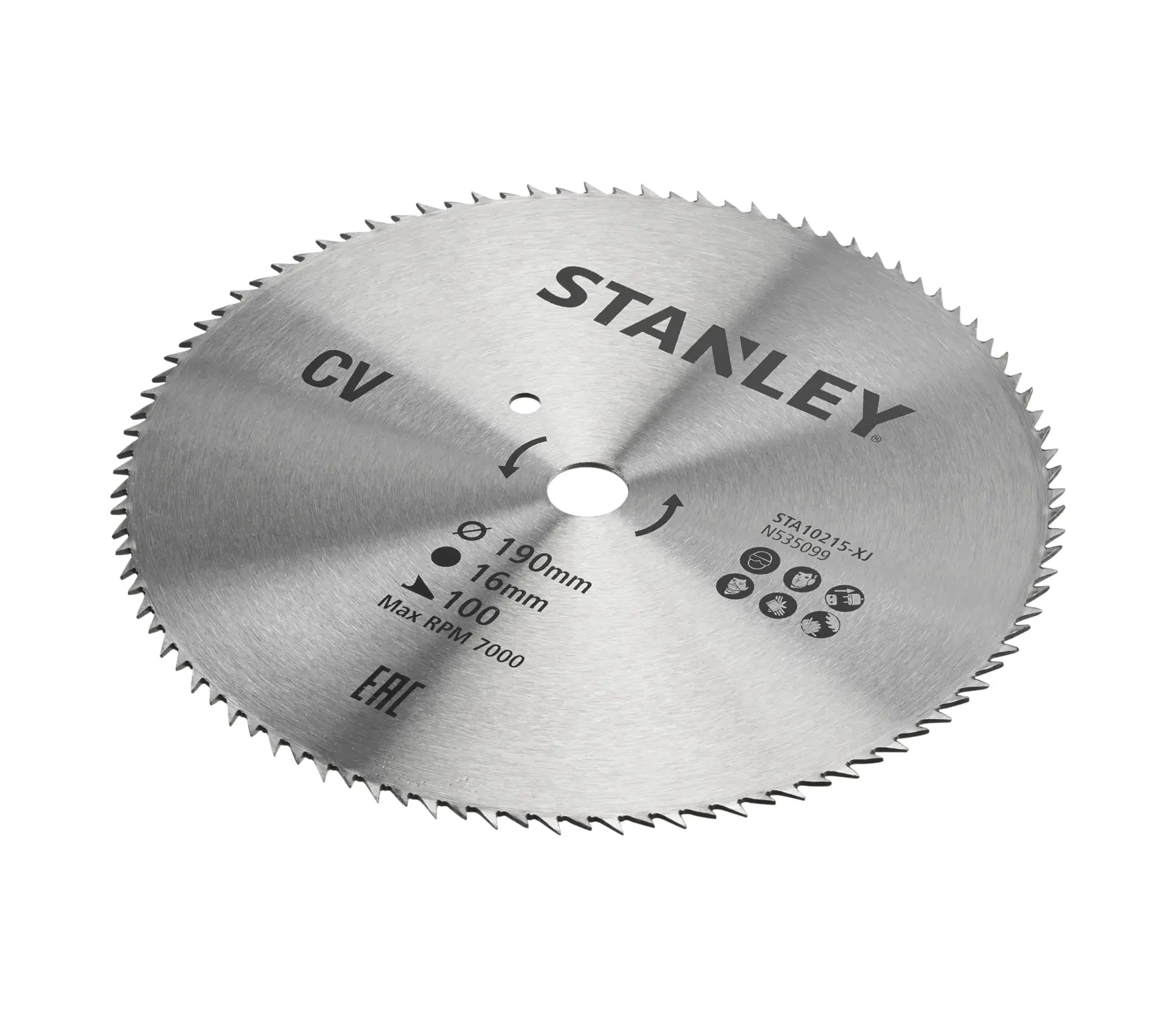 Photo of STANLEY STA10215-XJ circular saw blade, silver color, 190mm diameter, 100 teeth, product on white background.