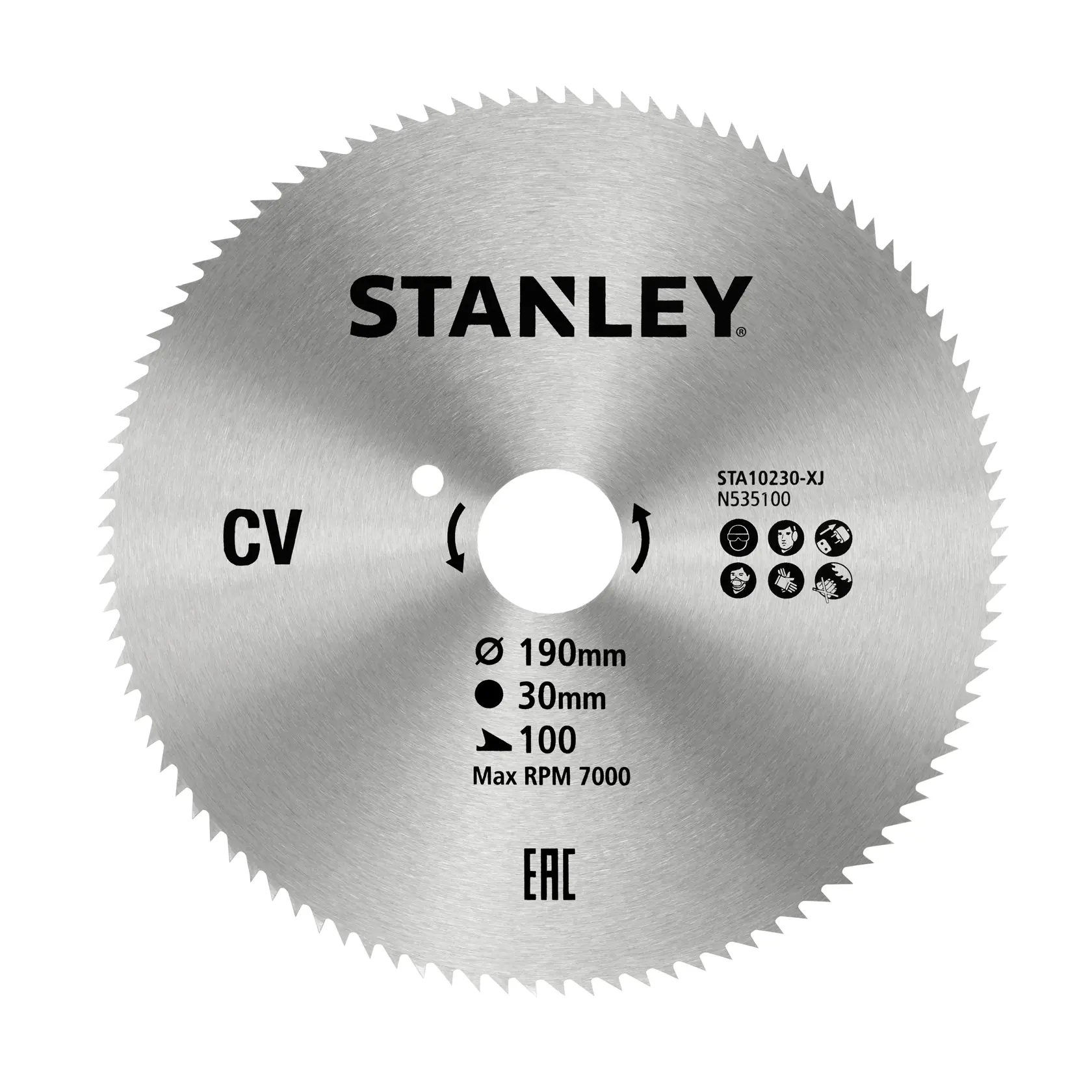 STANLEY STA10230 saw blade, 190mm diameter, 30mm bore, 100 teeth, Max RPM 7000, front angle, silver.