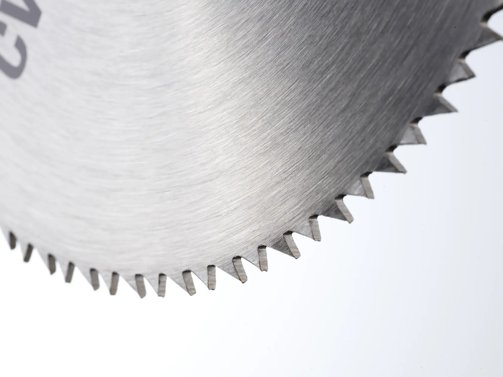 STANLEY STA10230 circular saw blade close-up, brushed steel finish, angled view.
