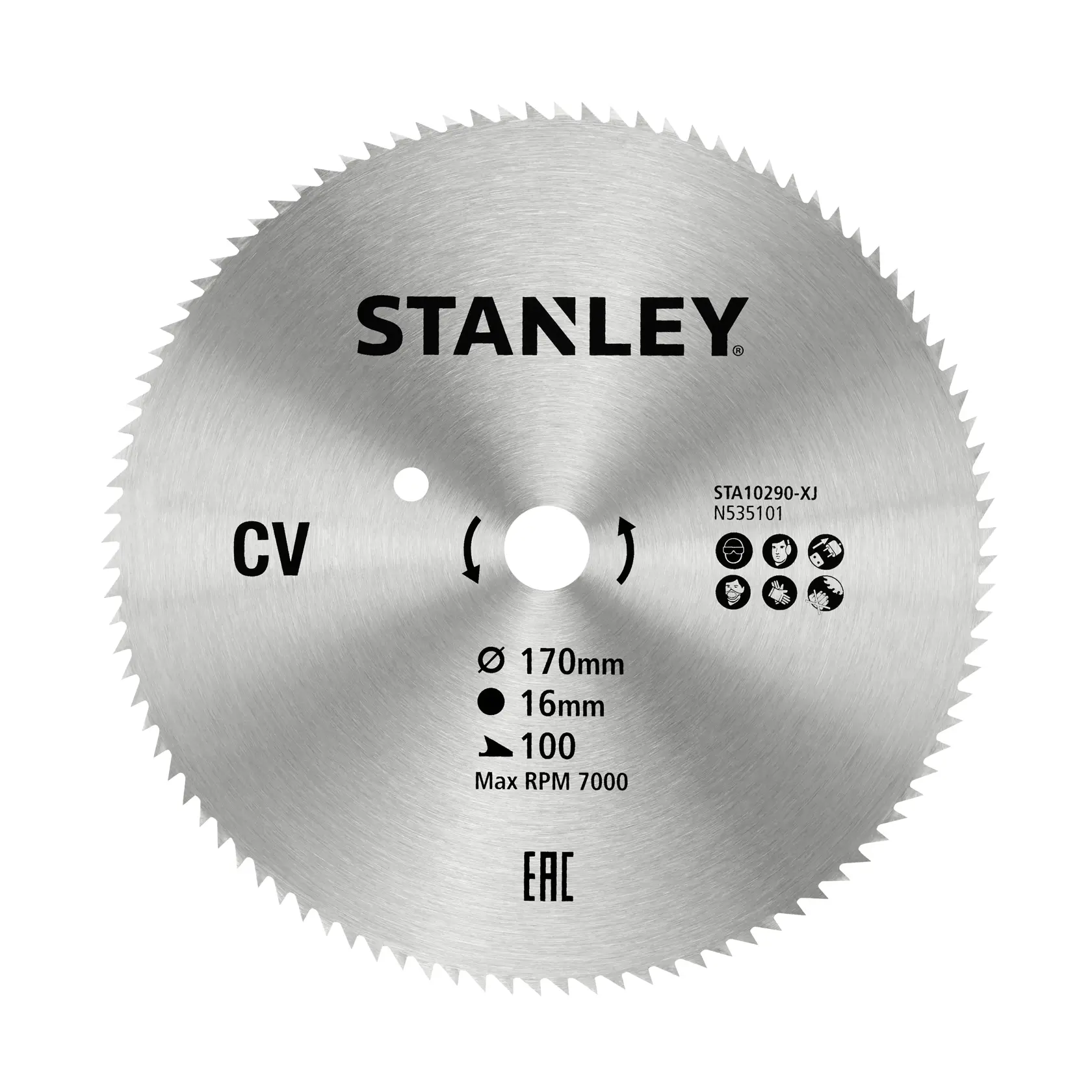 STANLEY STA10290 circular saw blade, silver, 170mm diameter, photographed front on white background.