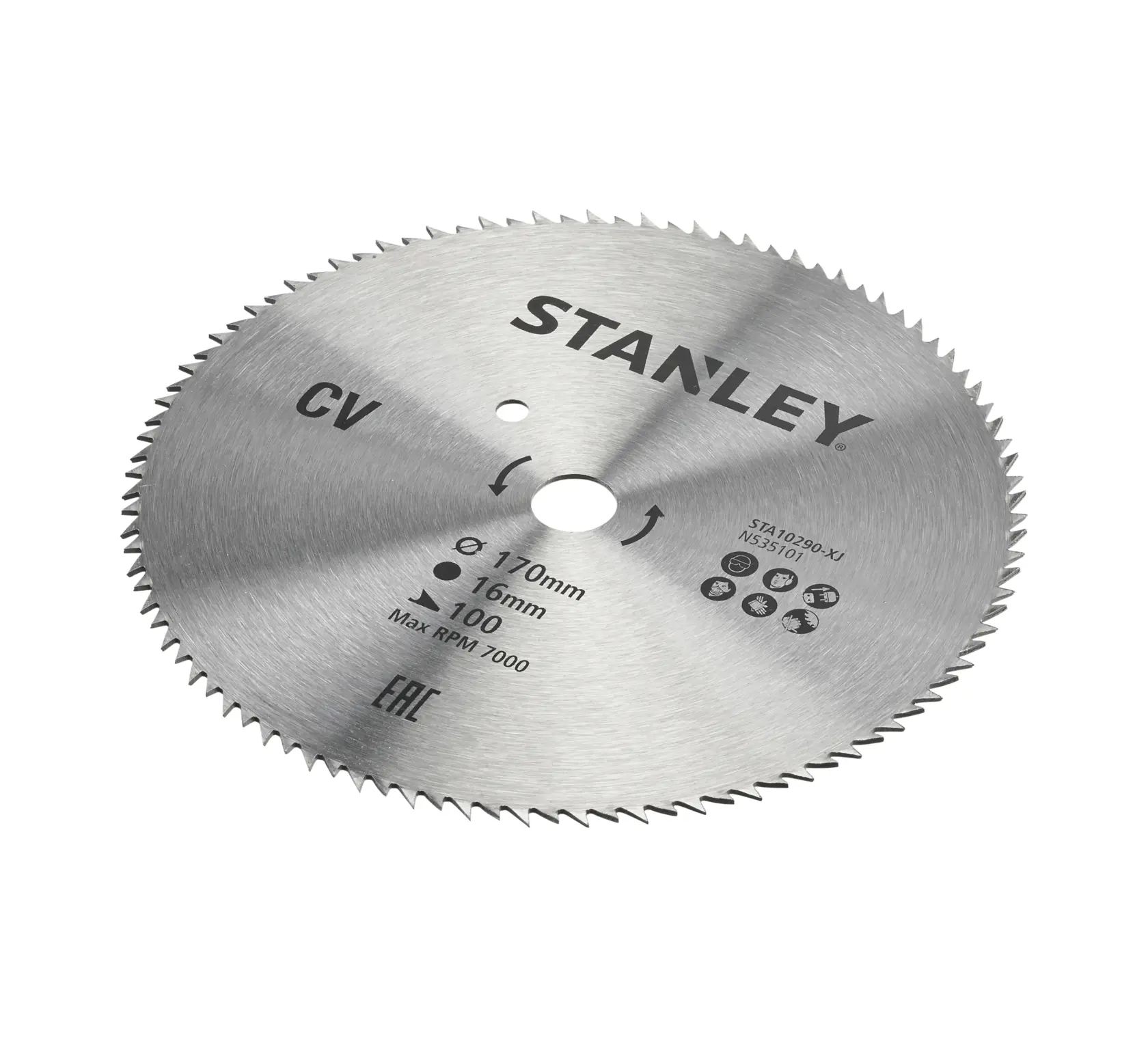 STANLEY STA10290 circular saw blade, silver metal, with fine teeth, product photography, angled on white background.