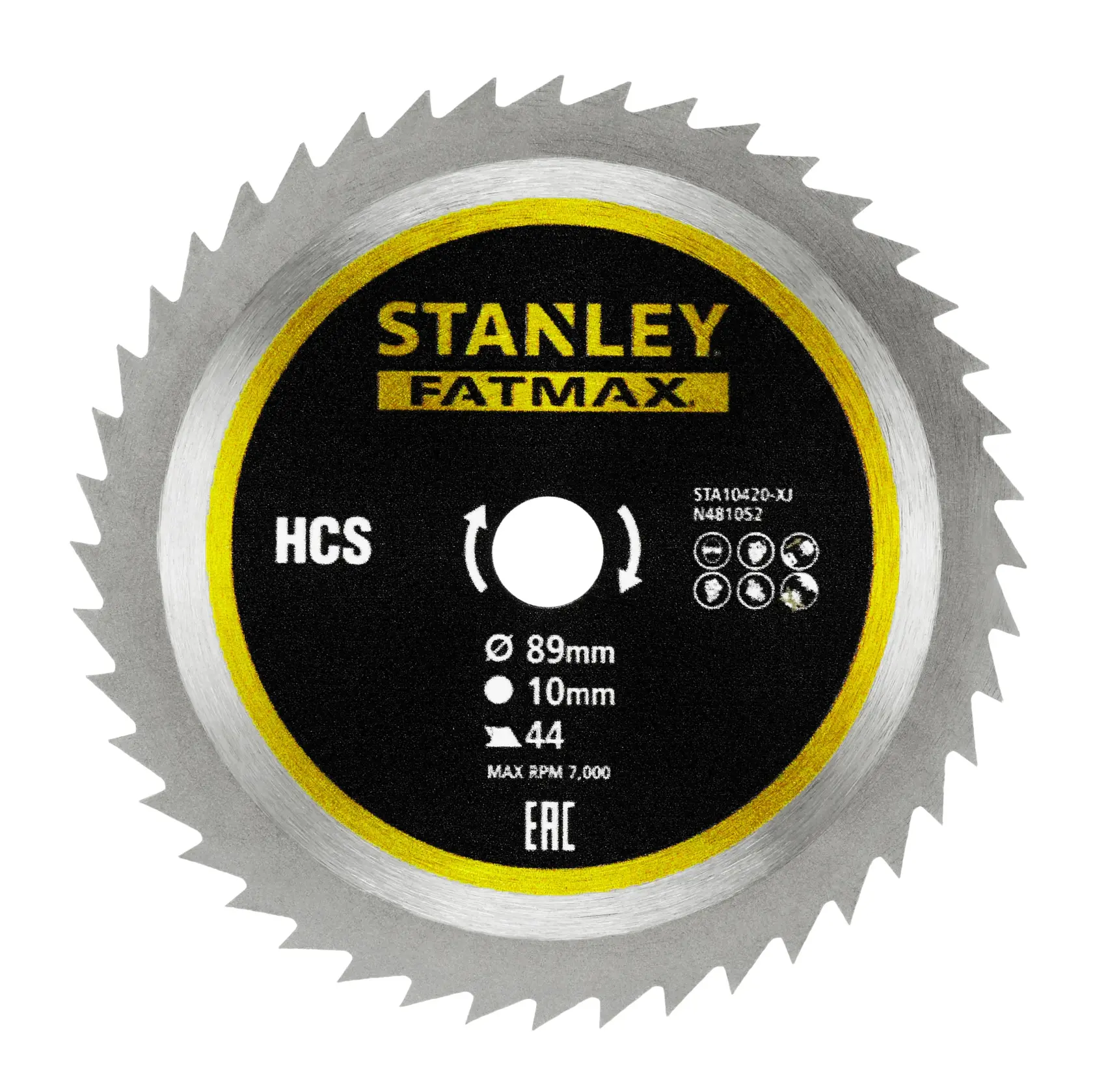 Photo of STANLEY STA10420 circular saw blade, FATMAX, HCS, 89mm diameter, 44 teeth, front angle on white background.