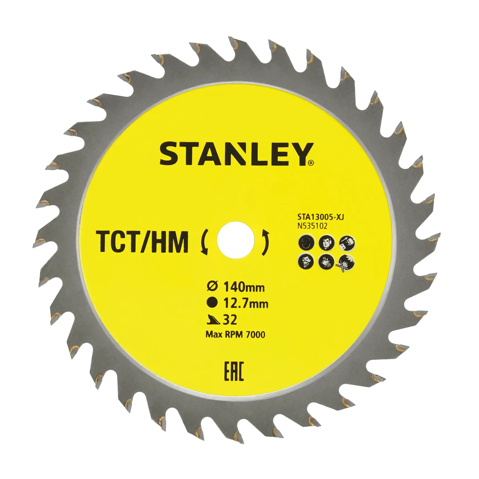 STANLEY STA13005 circular saw blade, yellow center, 32 teeth, TCT/HM, front angle on white background.