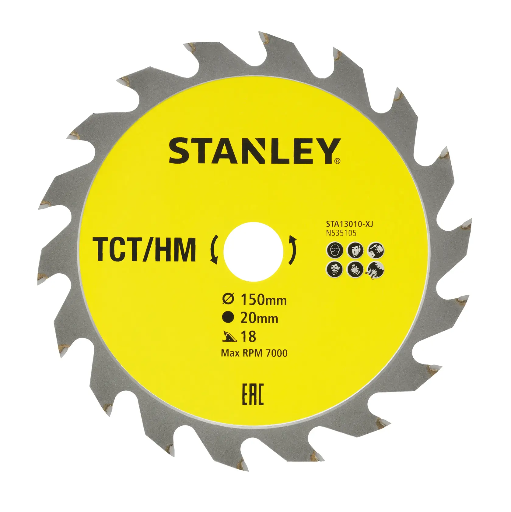 STANLEY STA13010 circular saw blade, 150mm diameter, 18 teeth, yellow center, straight-on photo.