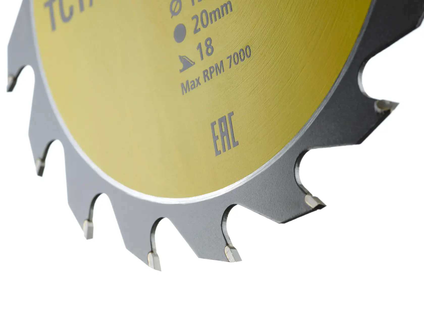 STANLEY STA13010 circular saw blade close-up, showing yellow center and silver carbide teeth.