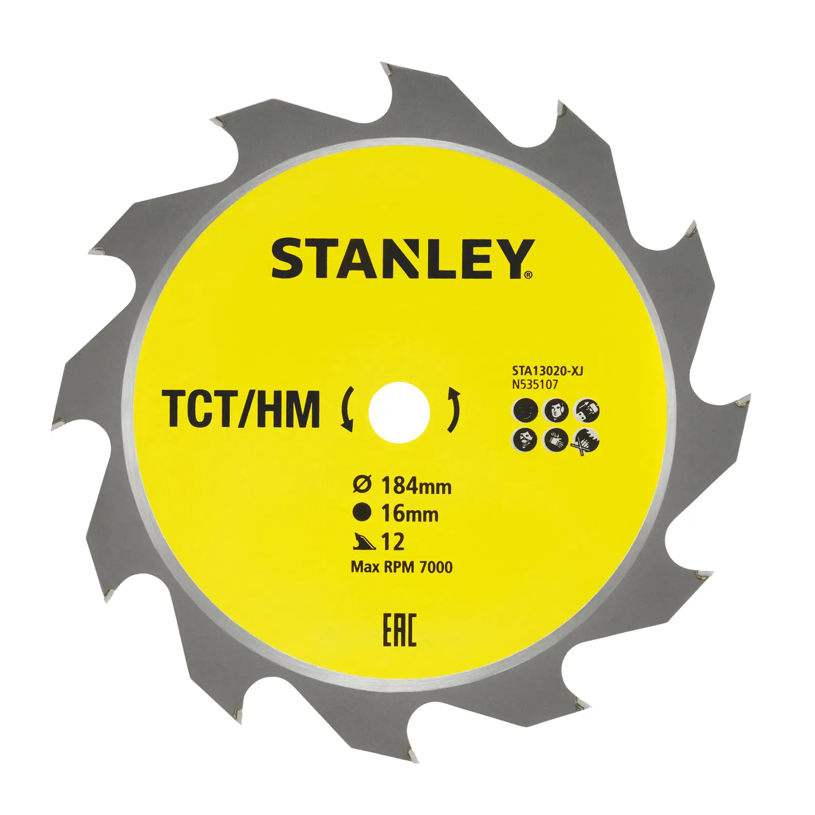 STANLEY STA13020 circular saw blade, yellow center, 12 teeth, TCT/HM, front angle on white background.