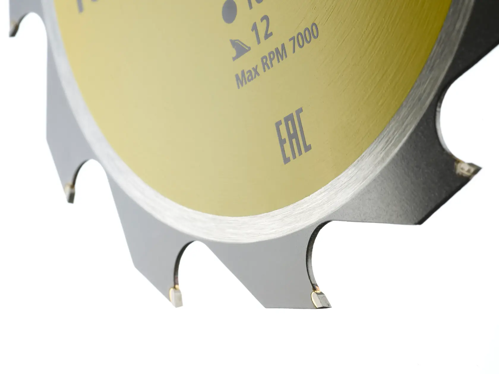 STANLEY STA13020 circular saw blade close-up, silver and yellow, showing teeth detail, product photography.