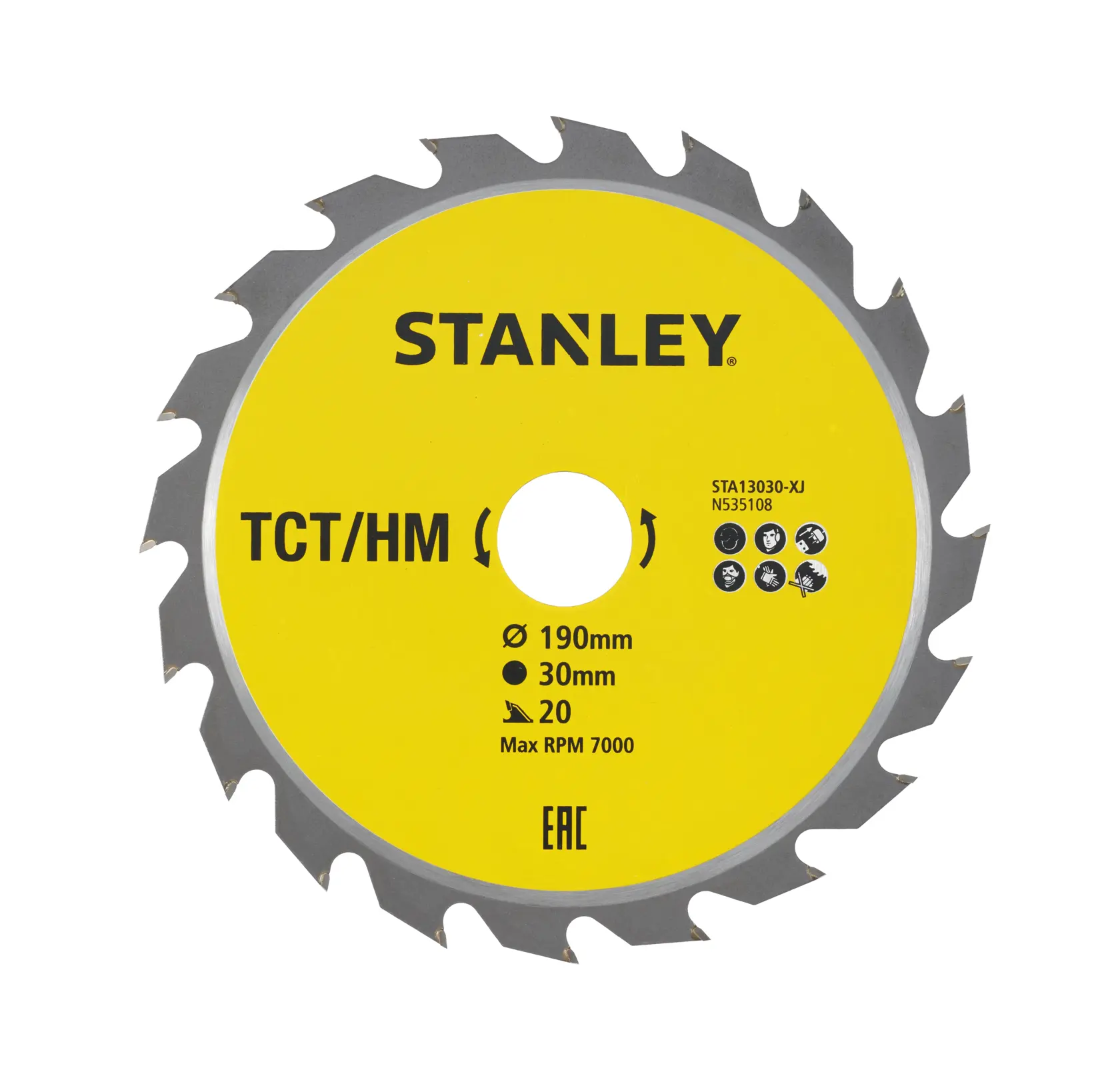 Stanley STA13030 circular saw blade, yellow, 190mm diameter, TCT/HM, frontal angle on white background.