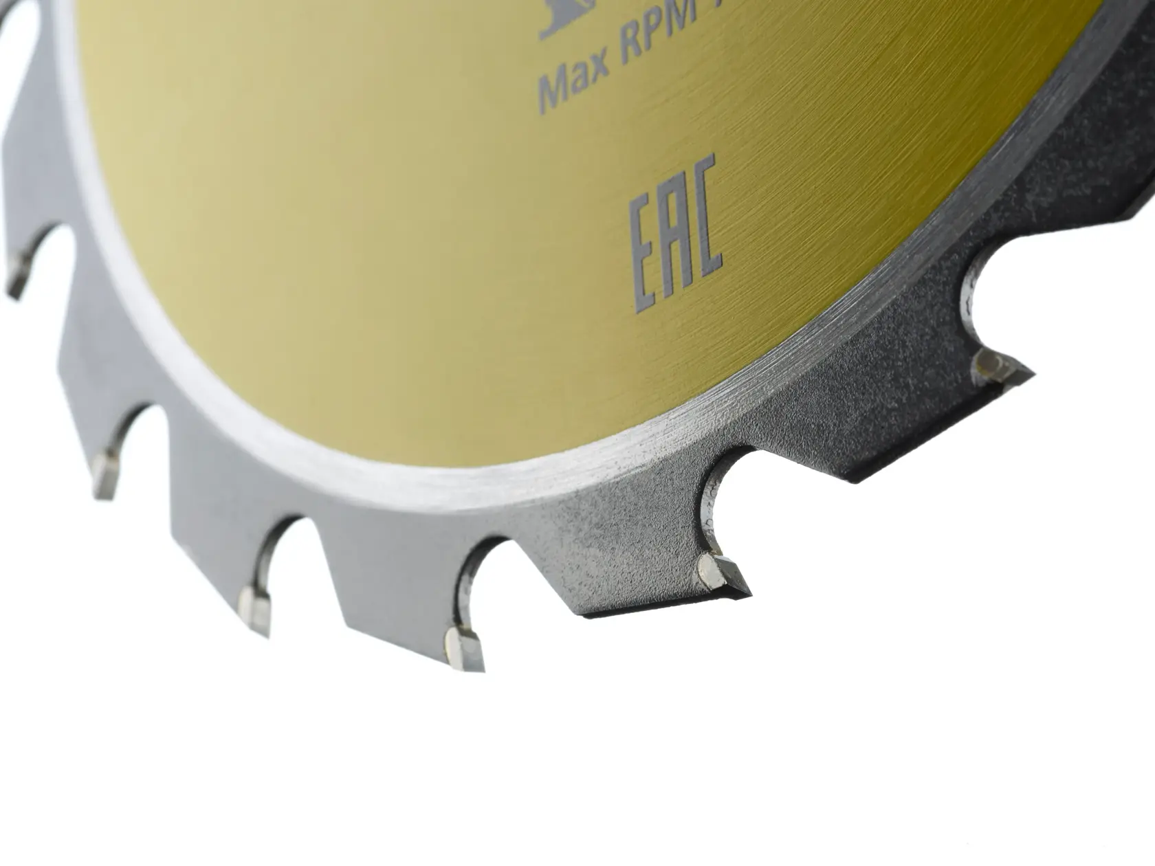 STANLEY STA13030 circular saw blade close-up, gold surface with silver teeth, product category photography.