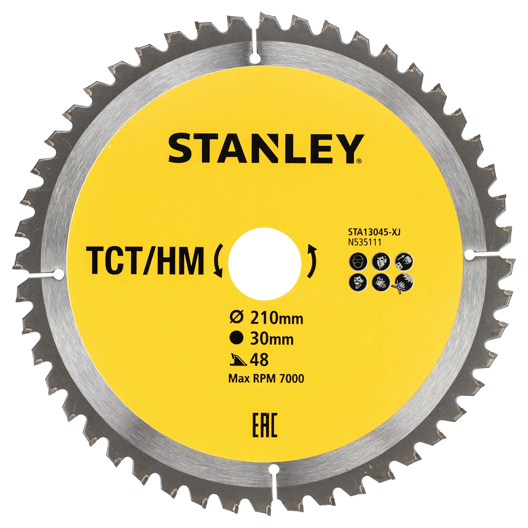 Photo of STANLEY STA13045 circular saw blade, yellow with 48 teeth, for 210mm diameter, 30mm bore, max 7000 RPM.