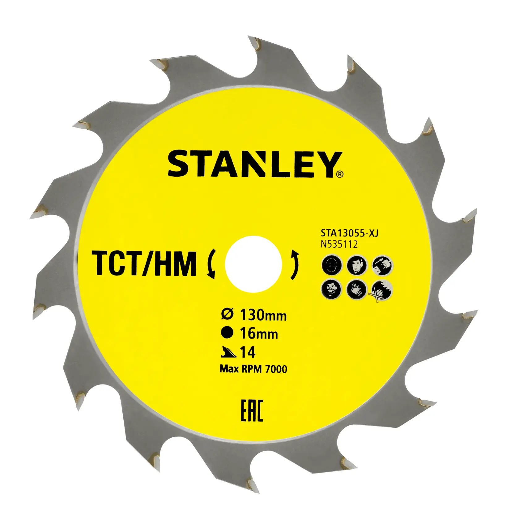STANLEY STA13055 saw blade, yellow center with TCT/HM marking, 130mm diameter, front angle on white background.