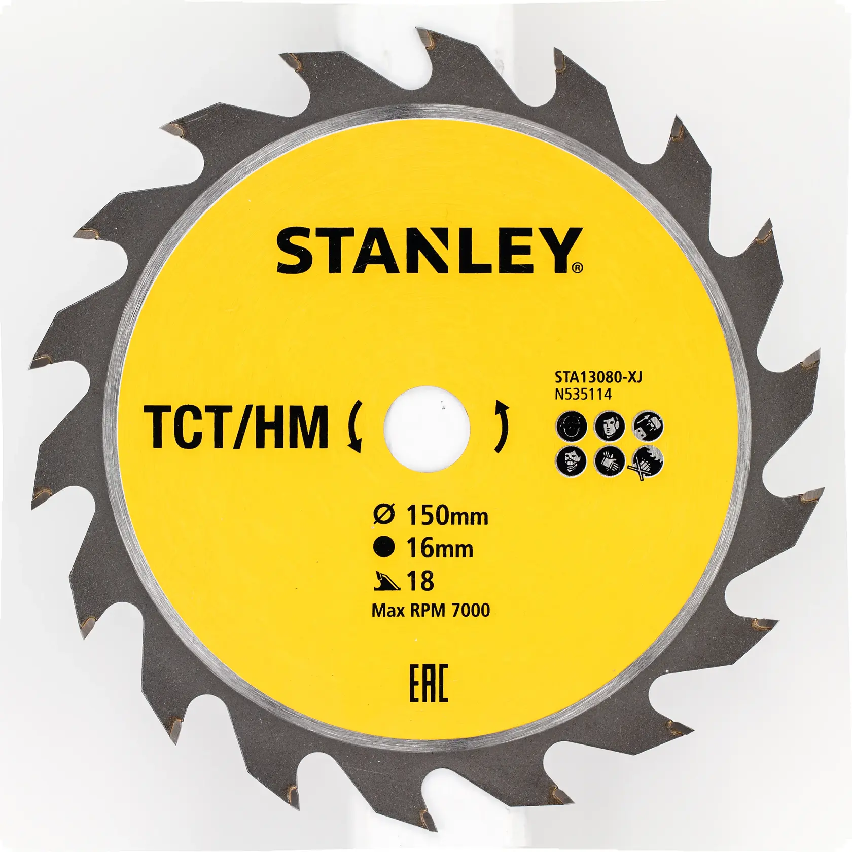 STANLEY STA13080 circular saw blade, yellow face, TCT/HM, 150mm diameter, 18 teeth, product front on white.