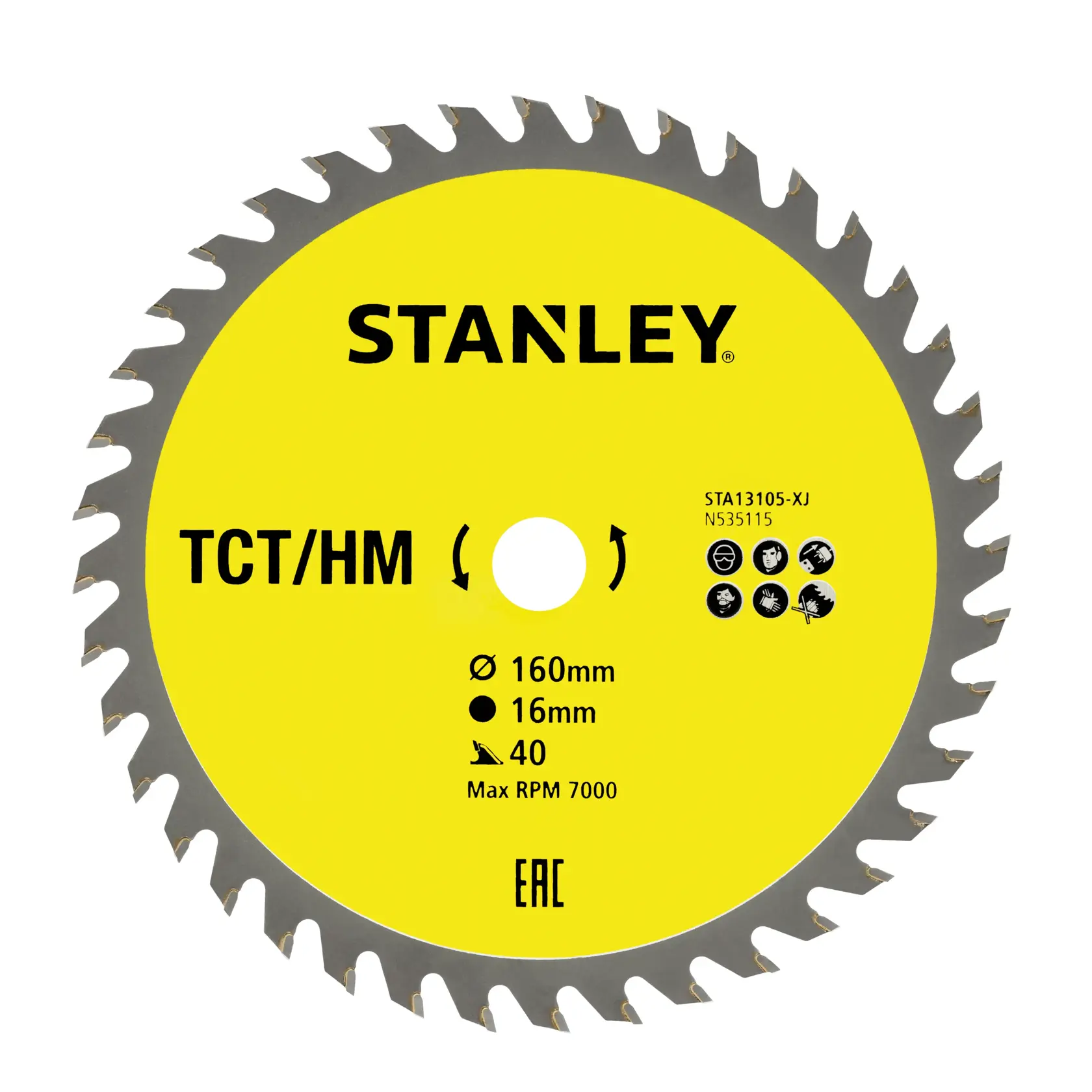 STANLEY STA13105 circular saw blade, yellow center, TCT/HM, 160mm diameter, photography, front angle.