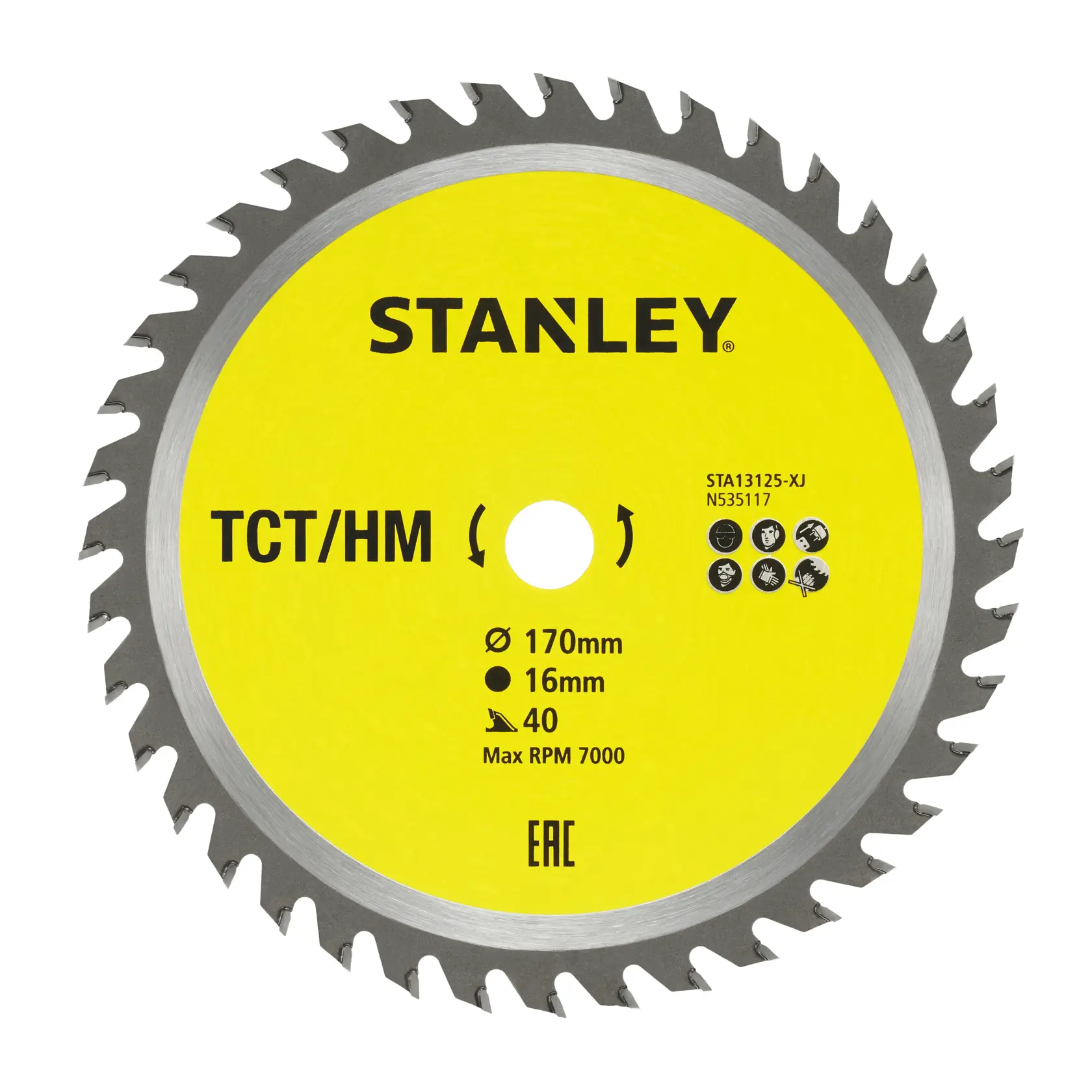 STANLEY STA13125 circular saw blade, yellow center, 170mm diameter, 40 teeth, front angle on white.