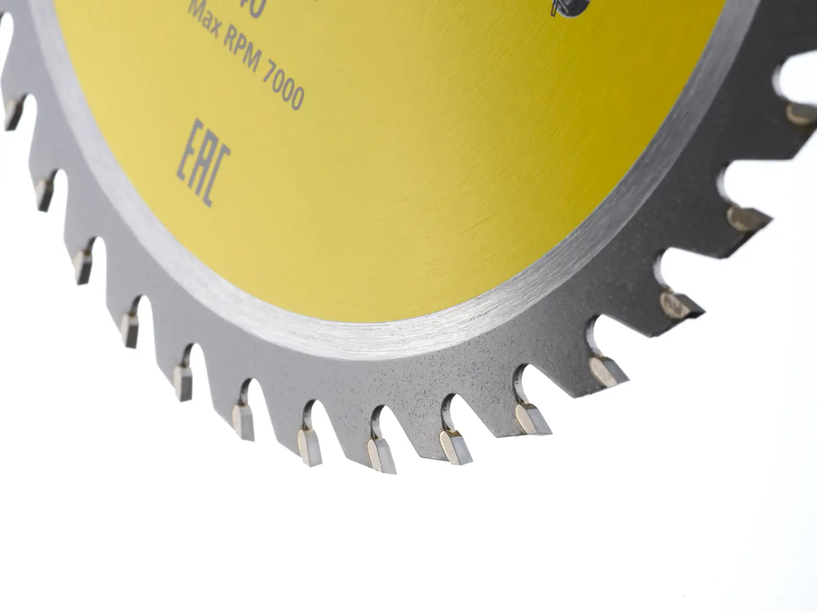 STANLEY STA13125 circular saw blade with yellow center and sharp teeth, side angle, photography.