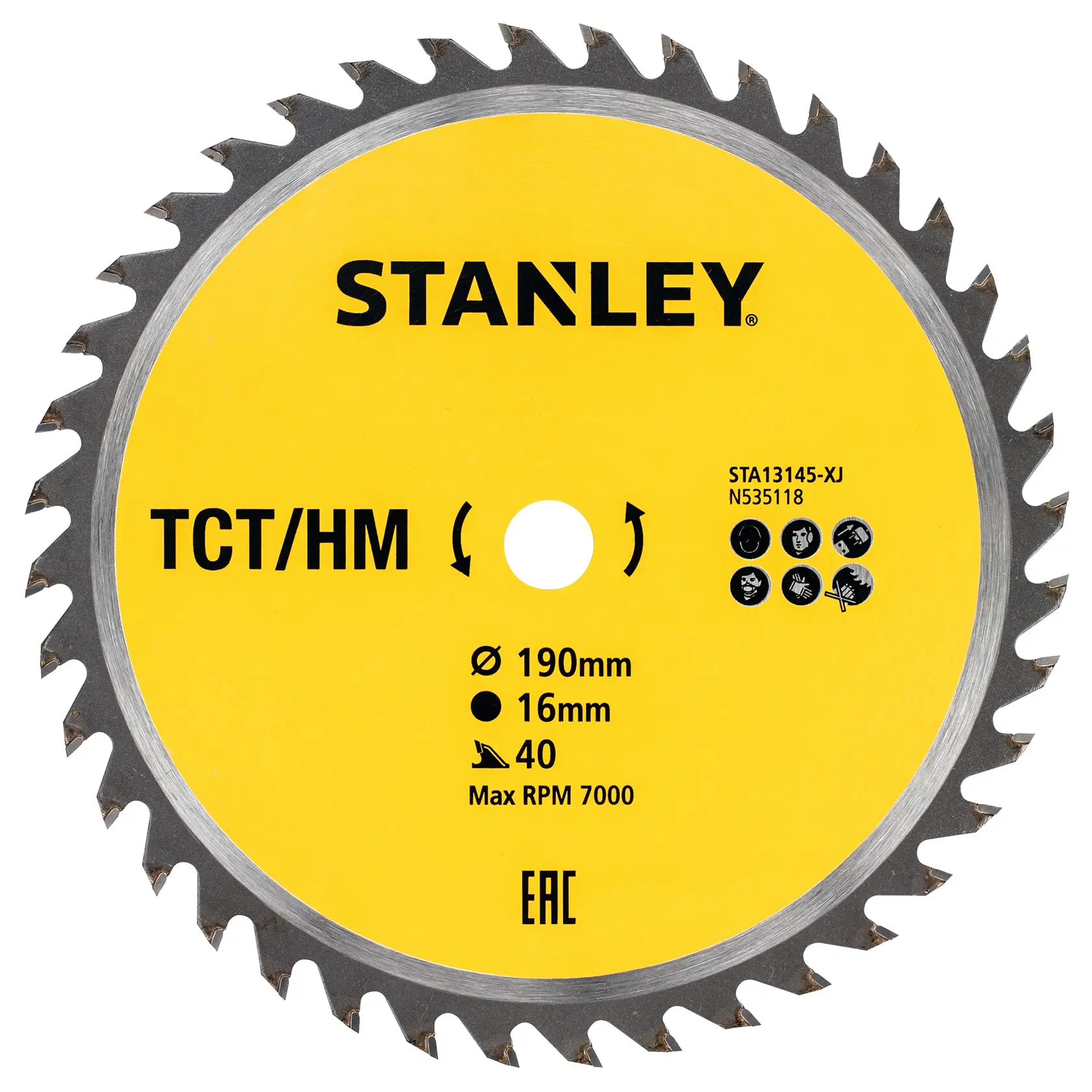 Stanley circular saw blade, yellow center, TCT/HM, 190mm diameter, 16mm bore, 40 teeth, max 7000 RPM.