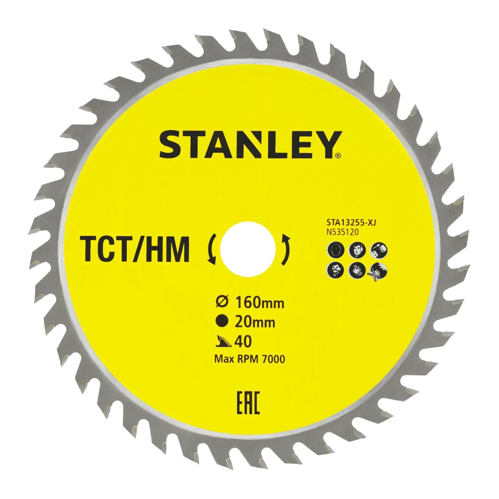 Photo of STANLEY STA13255 circular saw blade, yellow with 40 teeth, 160mm diameter, 20mm bore, product front view.