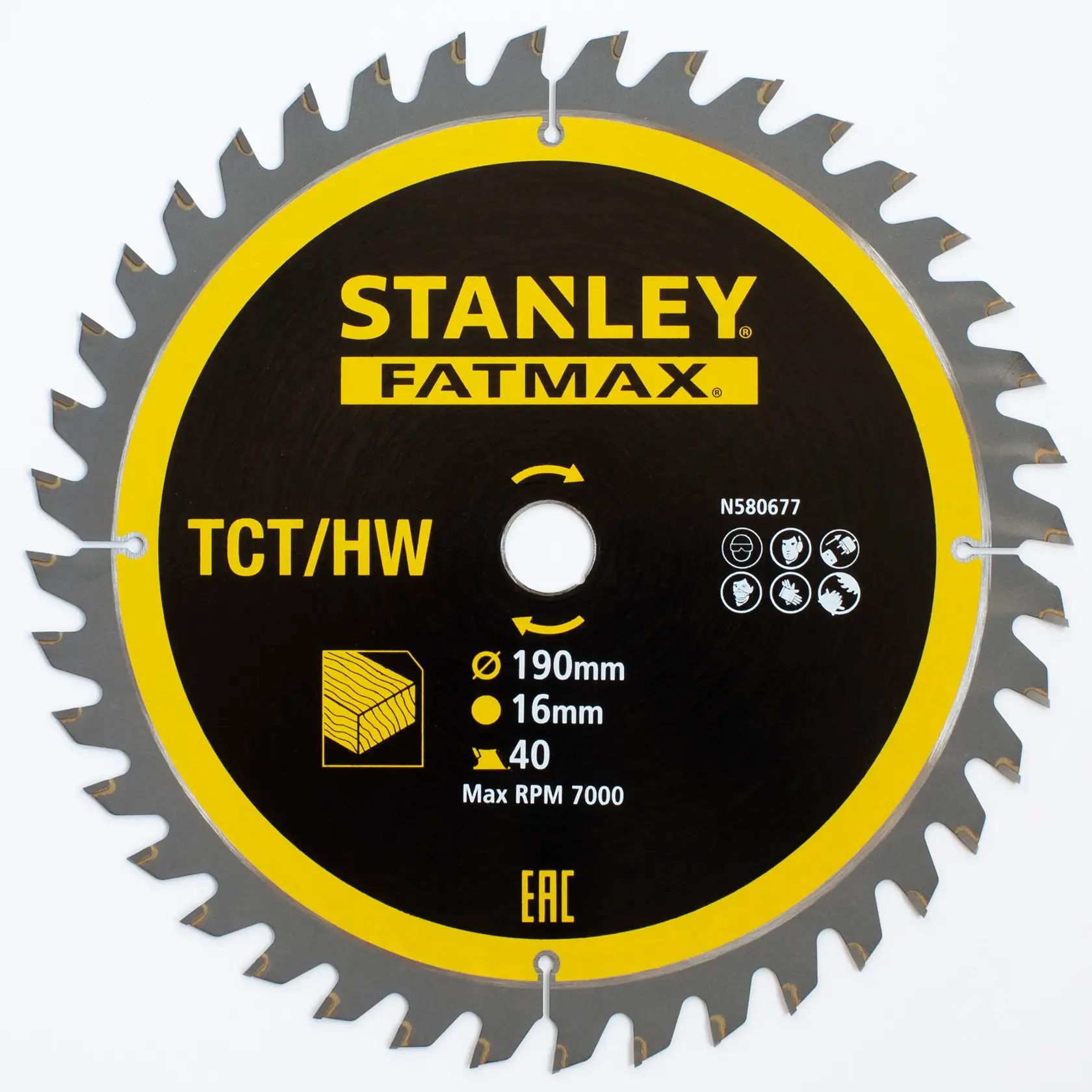 Photo of STANLEY circular saw blade FATMAX STA13365, 190mm diameter, 40 teeth, black and yellow, front view.
