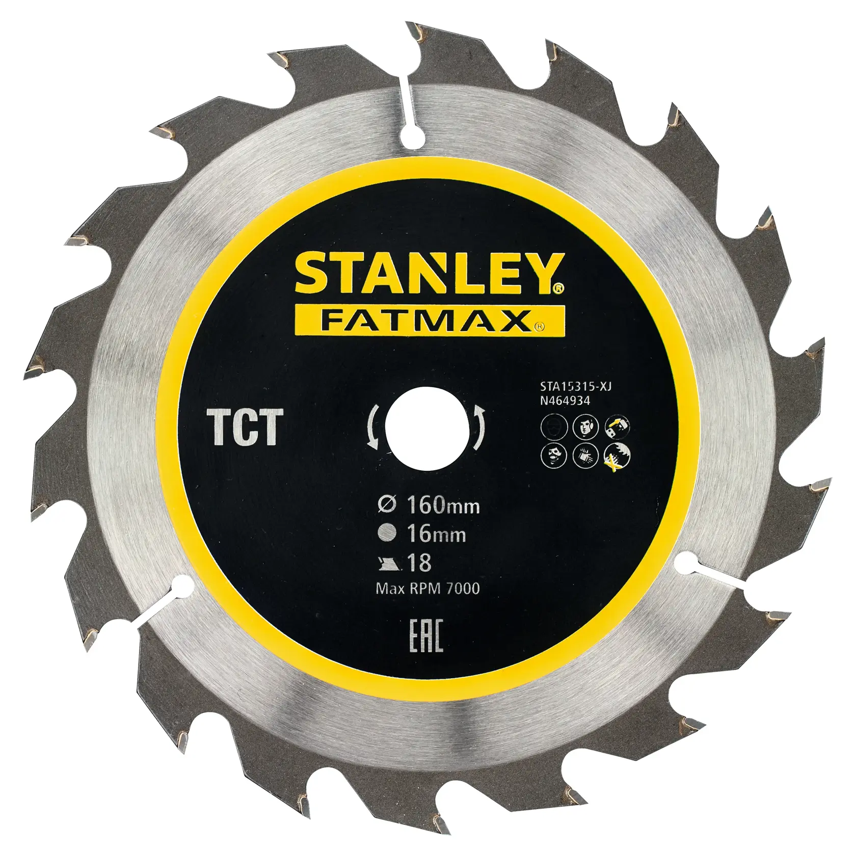 Photo of STANLEY FatMax STA15315 circular saw blade with 18 teeth, 160mm diameter, silver and black, top view.