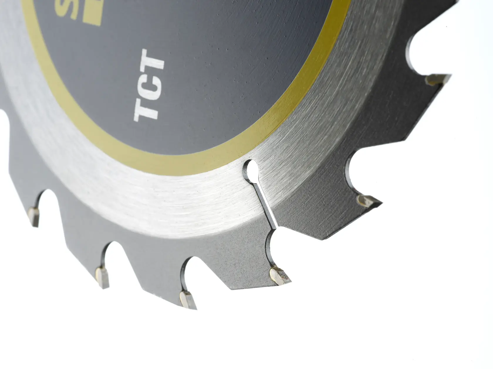 STANLEY STA15315 circular saw blade close-up, showing carbide-tipped teeth and metallic finish on white background.