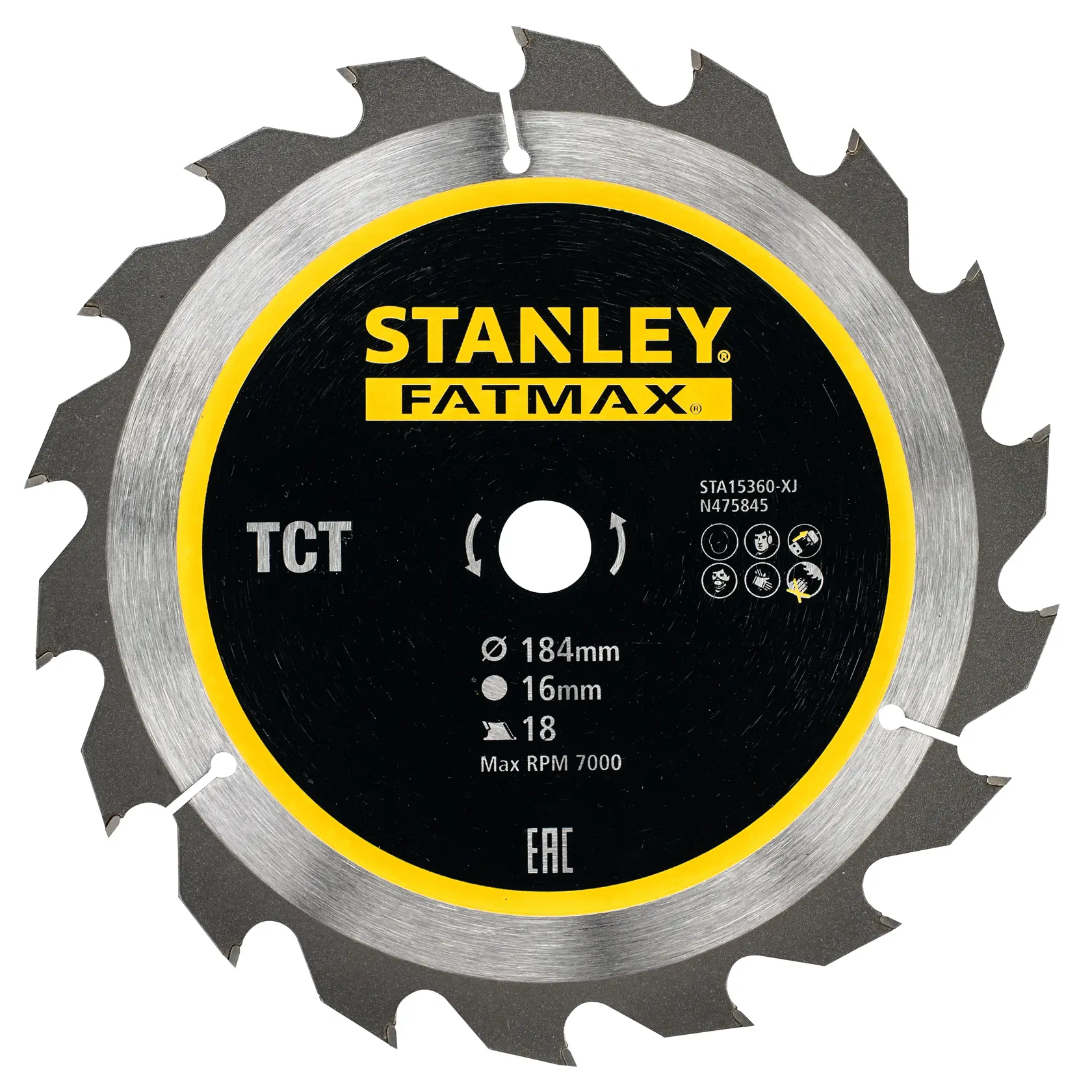 Photo of STANLEY circular saw blade, SKU STA15360, with 18 sharp teeth, black and silver finish, front view.