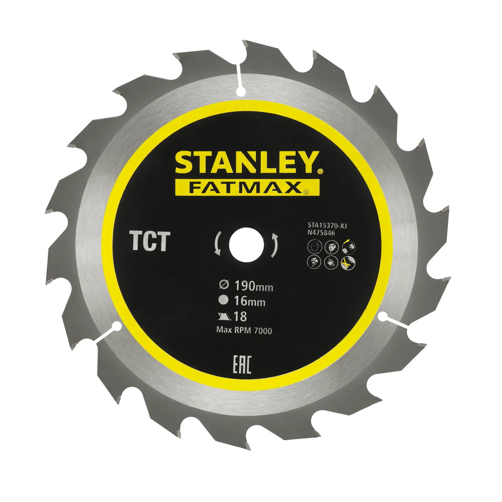 STANLEY STA15370 circular saw blade, silver and black, FATMAX branding, 18 teeth, 190mm diameter, front angle.