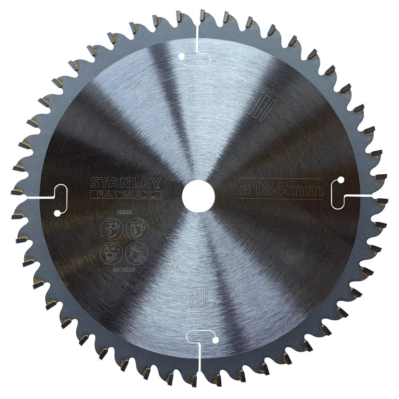 Photo of STANLEY STA15545 circular saw blade, silver finish with 40 carbide teeth, viewed from the front on white background.