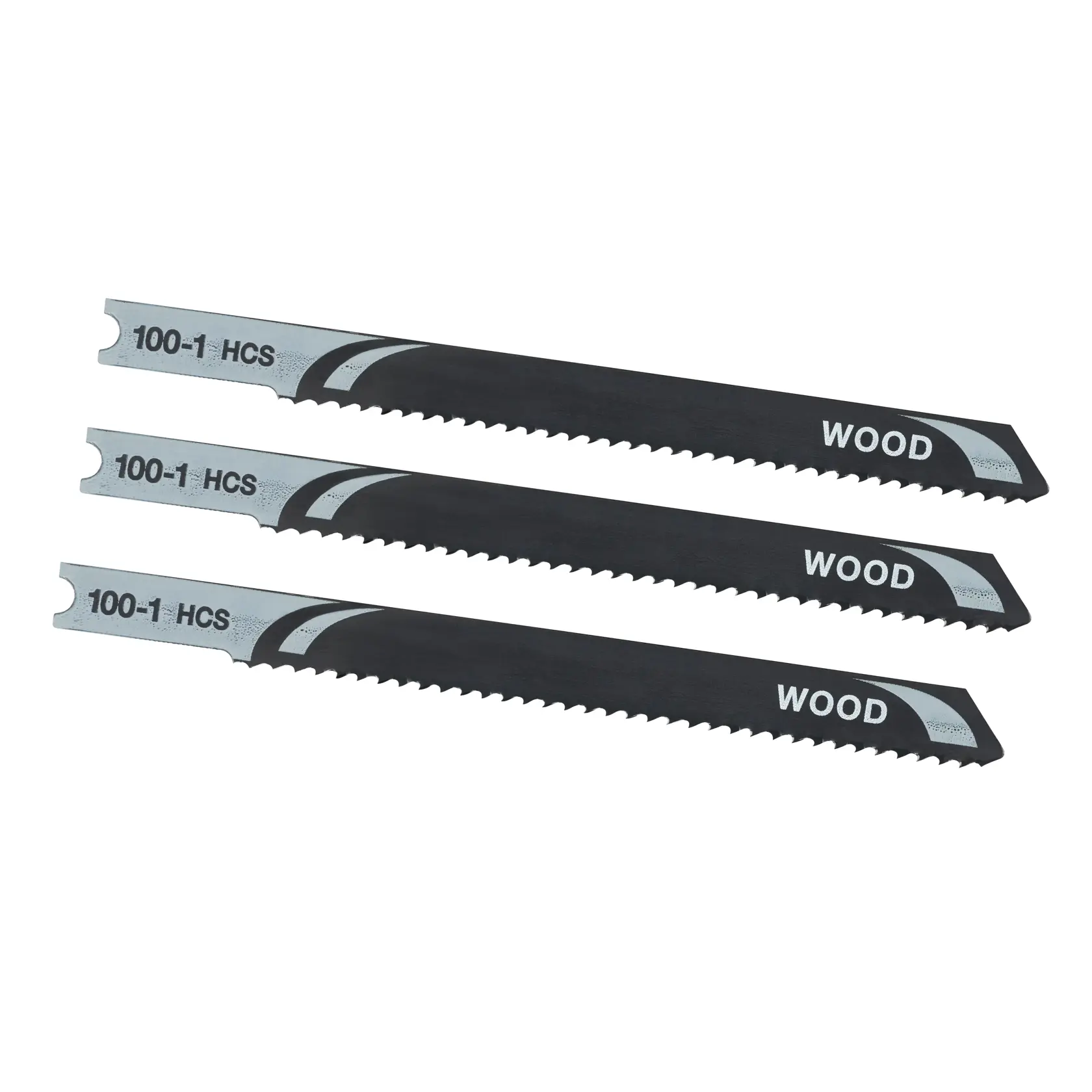 Stanley STA20023 jigsaw blade set for wood, three black and silver blades shown on white background.