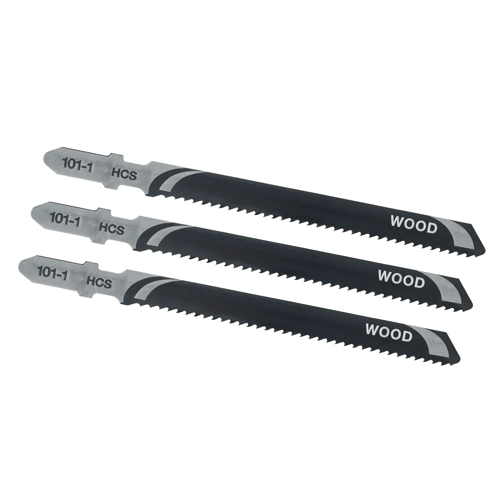 STANLEY STA20053 jigsaw blades for wood, black and silver, three-piece set, side angle, white background.