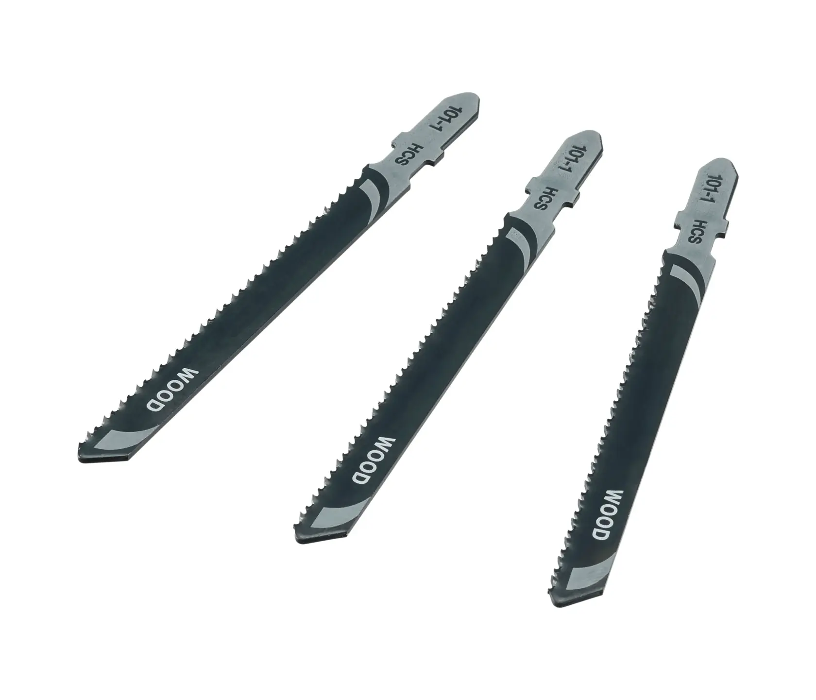 Photo of three STANLEY STA20053 jigsaw blades for wood, black and silver, angled on white background.
