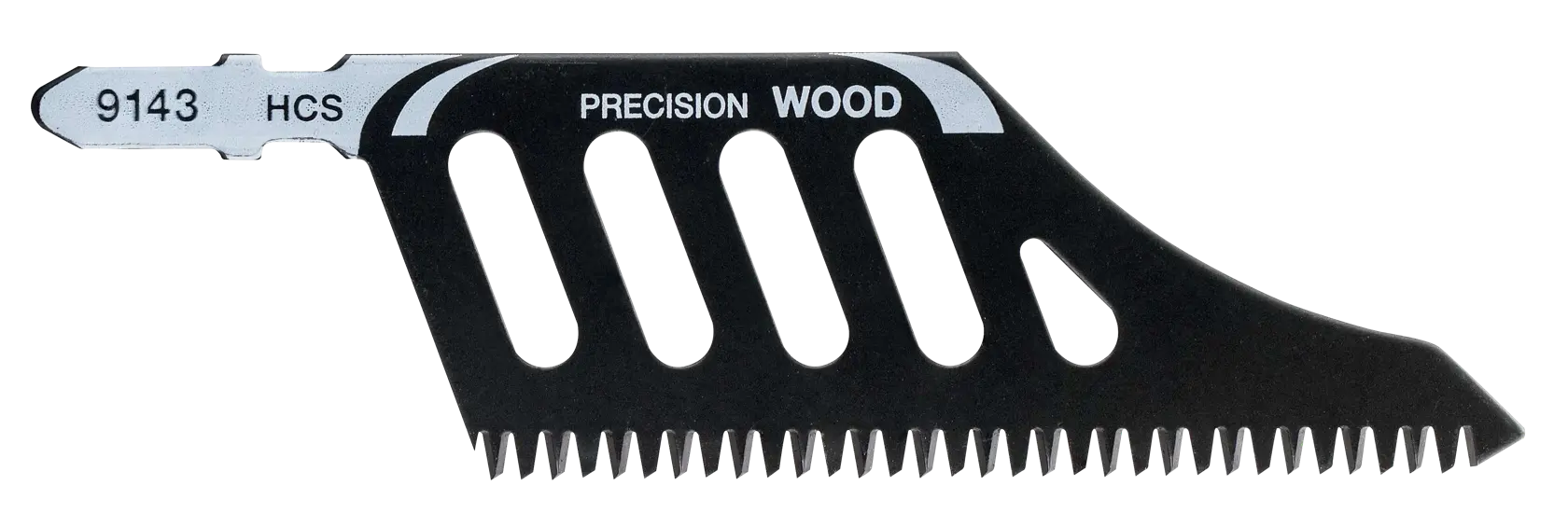 STANLEY STA21001 jigsaw blade for wood, black with precision teeth, flat lay on white background.