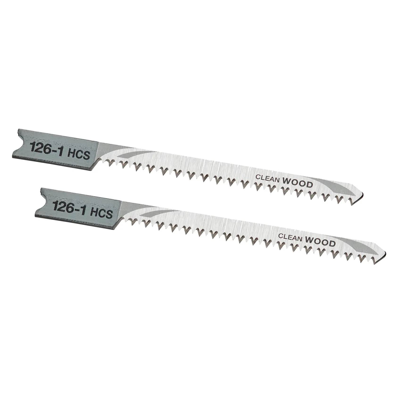 STANLEY STA21002 jigsaw blades for clean wood cutting, silver metal, set of two, side view on white background.