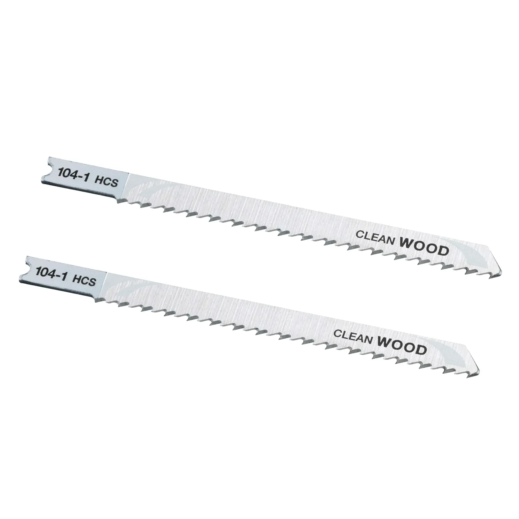Photo of two STANLEY STA21012 jigsaw blades for clean wood cutting, silver color, angled view on white background.