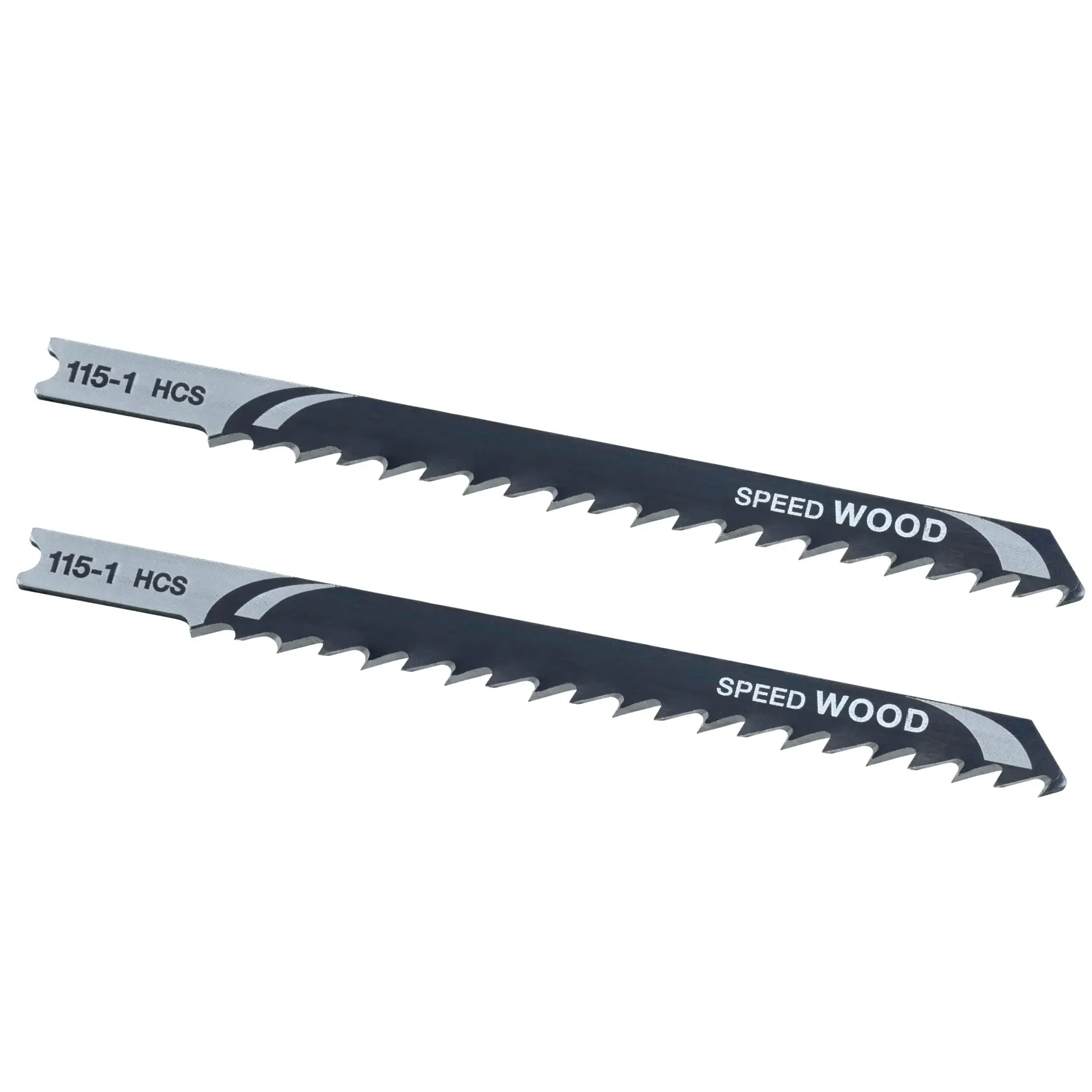 STANLEY STA21032 jigsaw blades for wood, pack of two, black and silver, flat lay photo on white background.