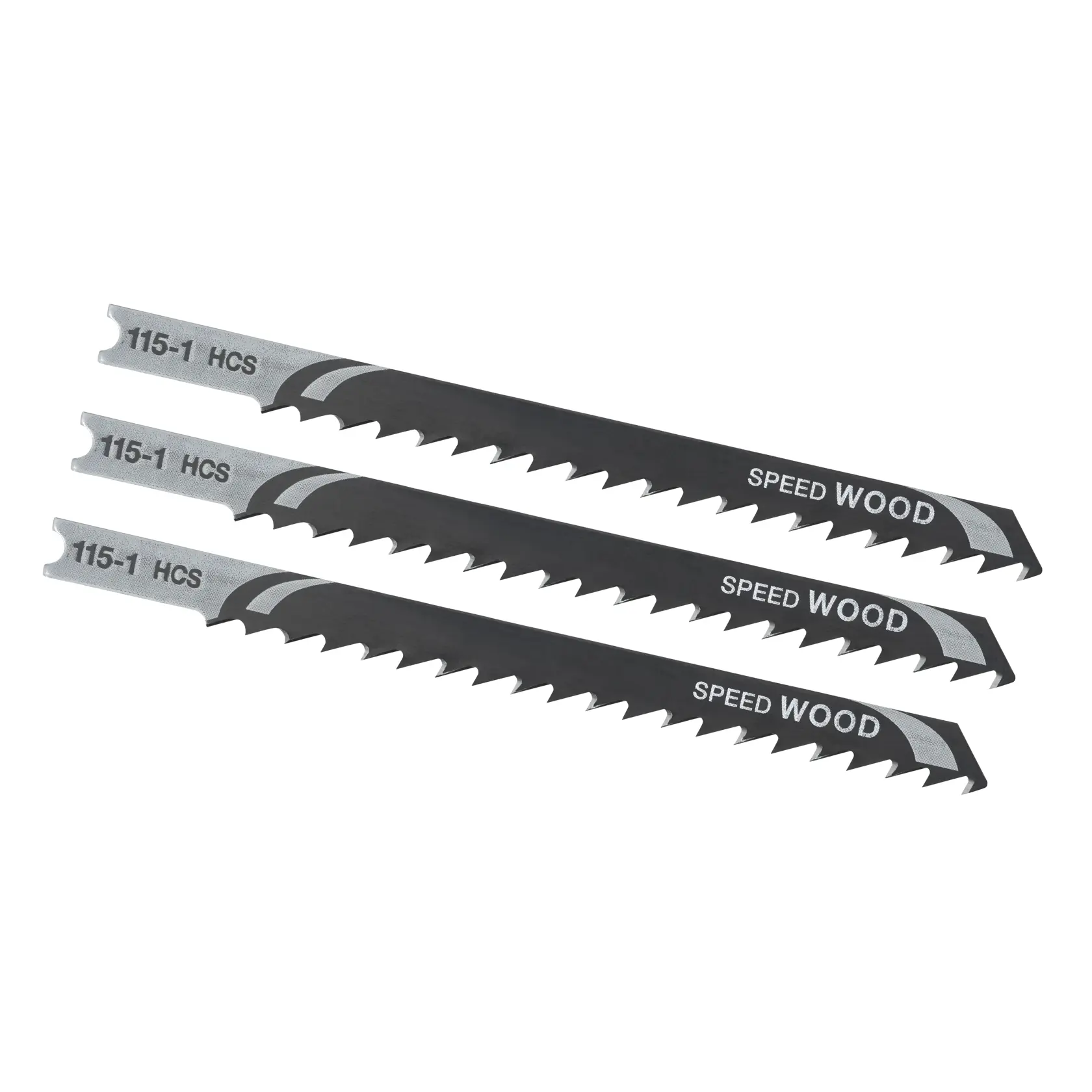 STANLEY STA21033 jigsaw blades set of three for wood, black and silver, side angle on white background.