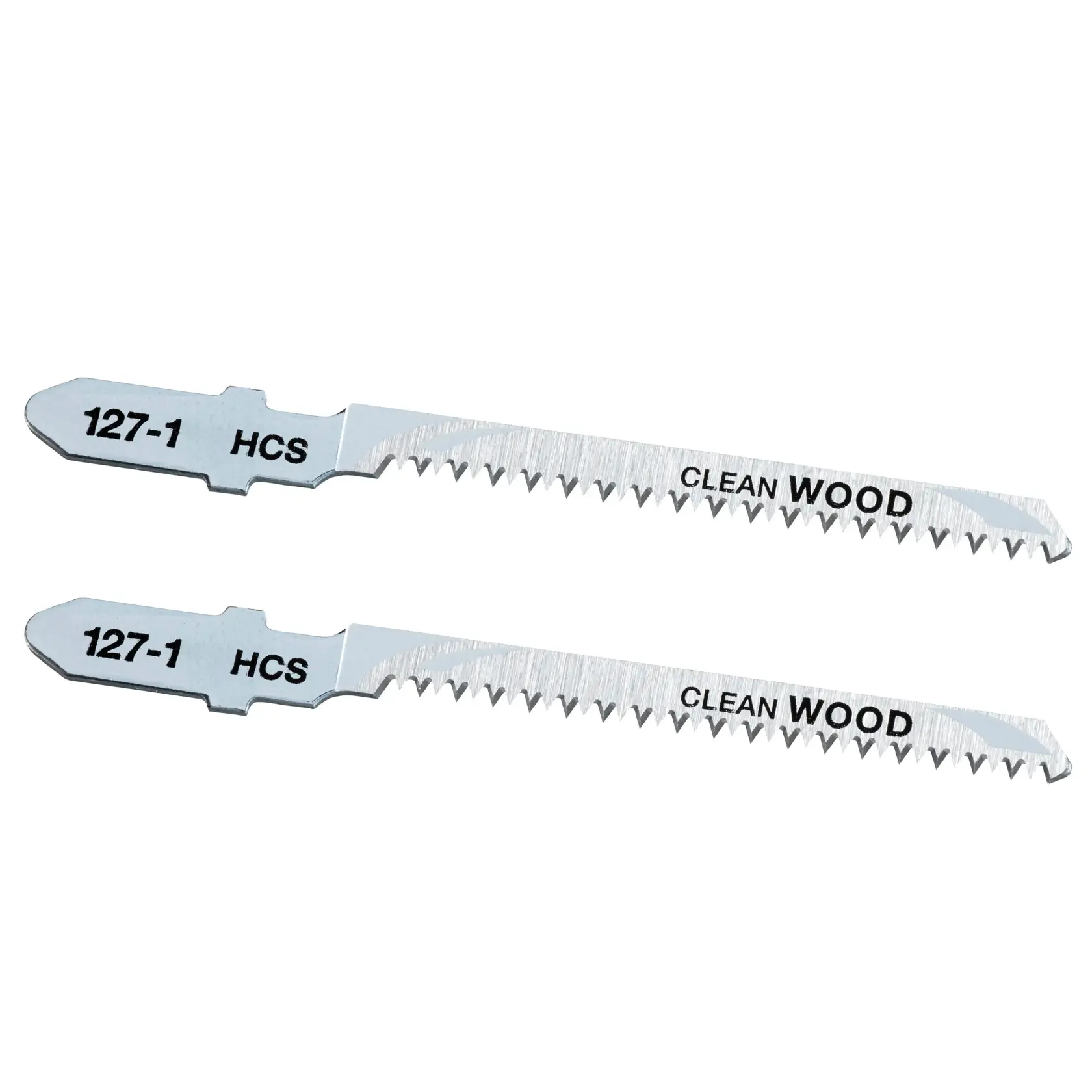STANLEY STA21042 jigsaw blades, pack of two, for clean wood cutting, silver color, flat lay on white background.