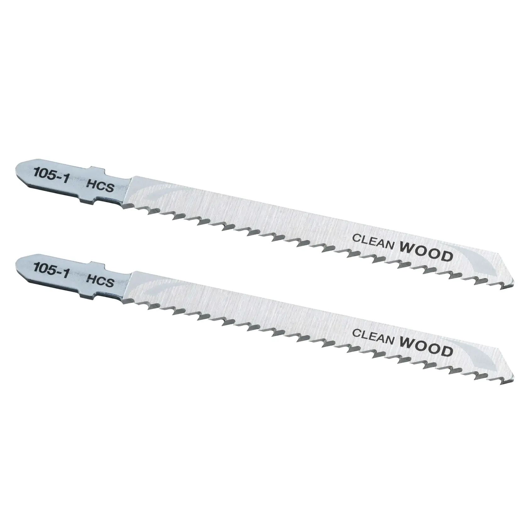 STANLEY STA21052 jigsaw blades for wood, set of two, photographed from side on white background.