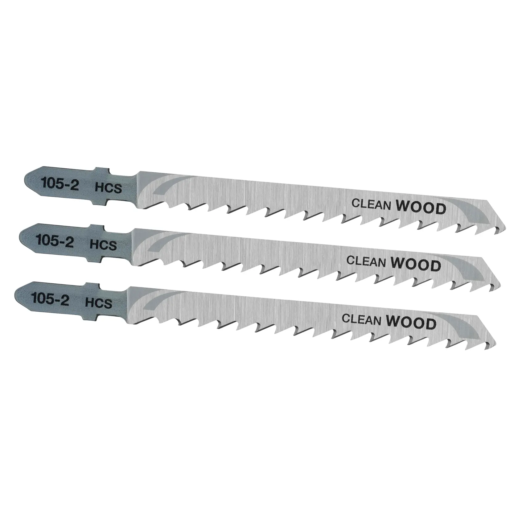 Photo of three STANLEY STA21063 clean wood jigsaw blades, silver color, side angle on white background.
